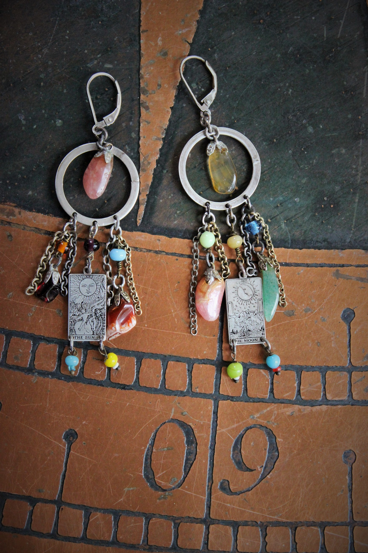 The Sun & The Moon Gypsy Earrings w/Tiny Sterling Engraved Tarot Medals,Antique Glass Mardi Gras Beads,Vintage Sterling & Gold Chain Fragments,Polished Capped Agate Drops