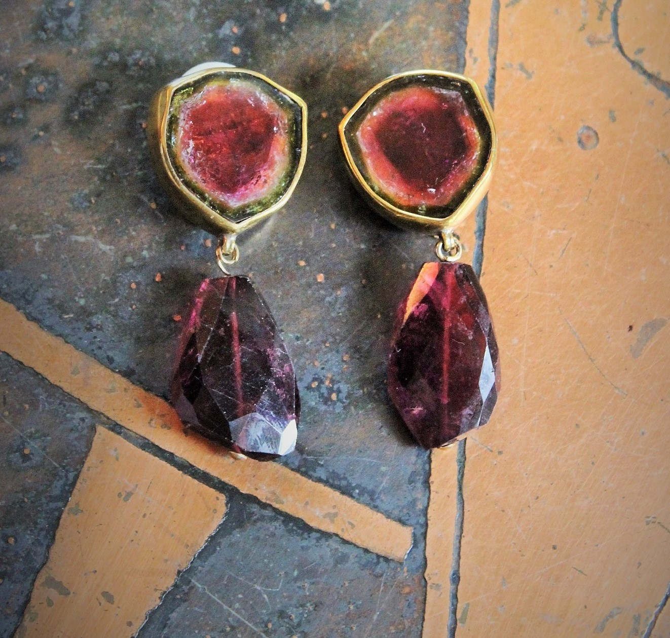 "One of Kind" Numbered & Signed Stephen Dweck Sterling Vermeil Watermelon Tourmaline & Tourmaline Ring and Earring Set