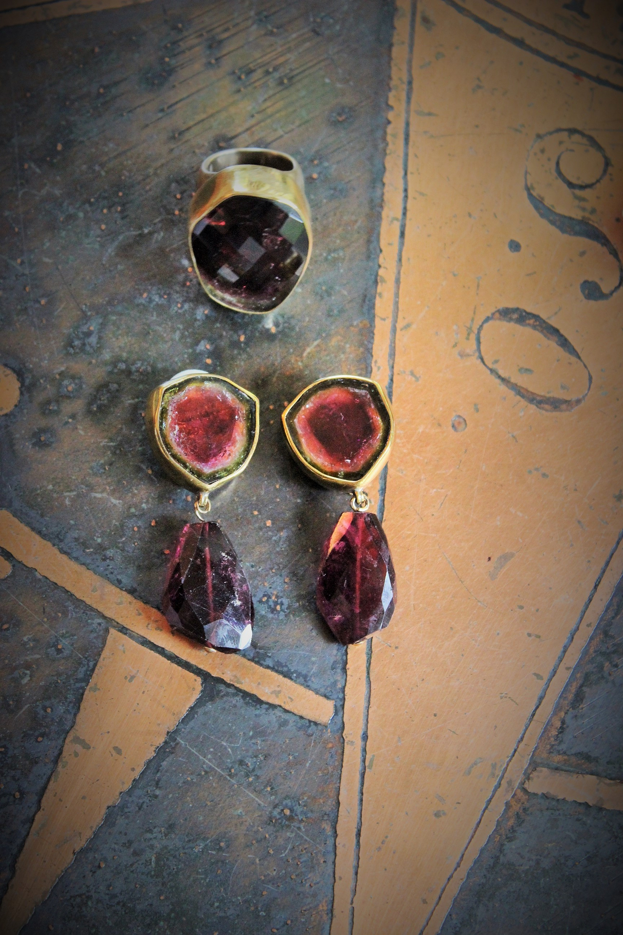 "One of Kind" Numbered & Signed Stephen Dweck Sterling Vermeil Watermelon Tourmaline & Tourmaline Ring and Earring Set