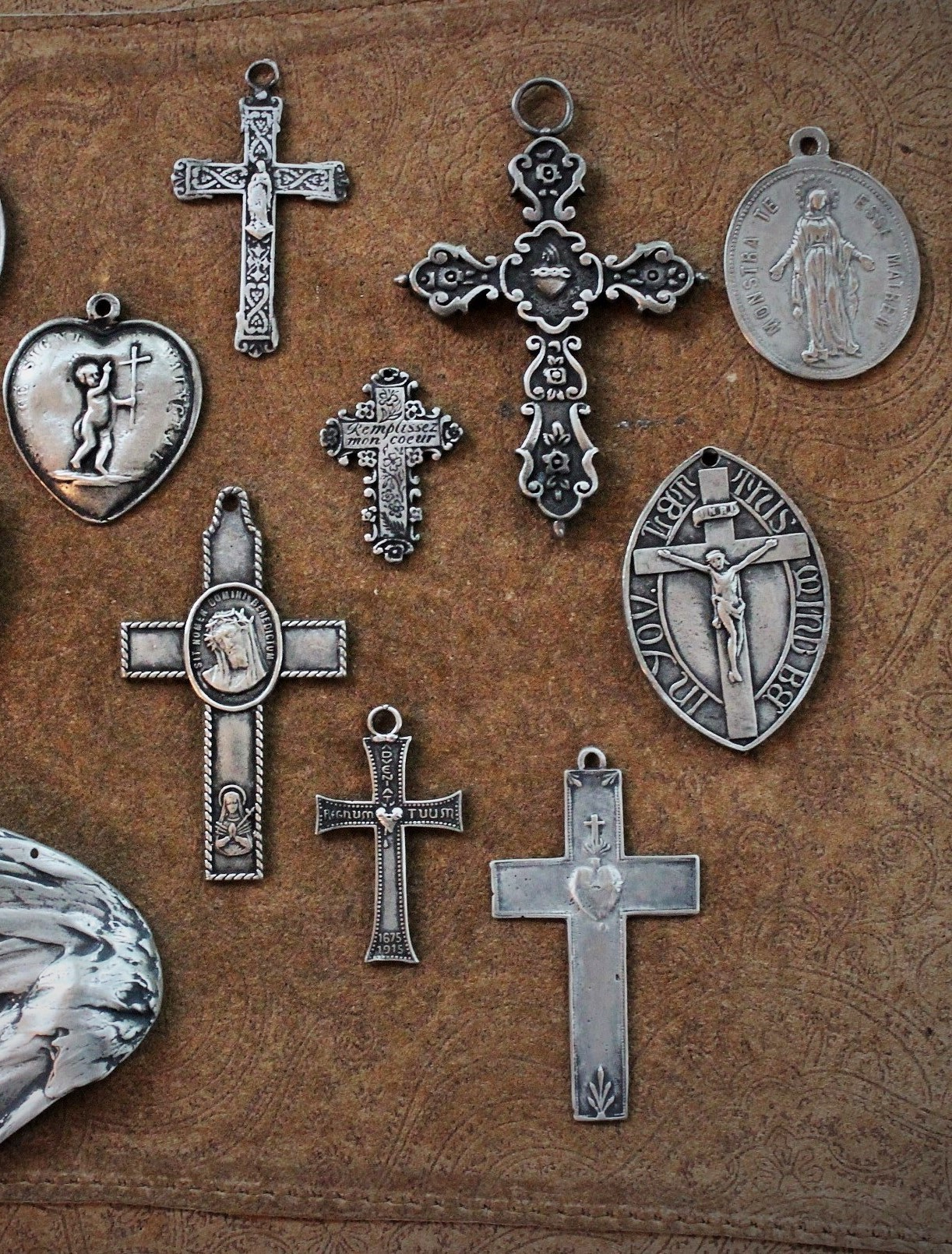 Collection of 13 Unique Crosses, Medals & Cast Bird Wing  - Set of 13 Old Casts for your own Jewelry Creations!