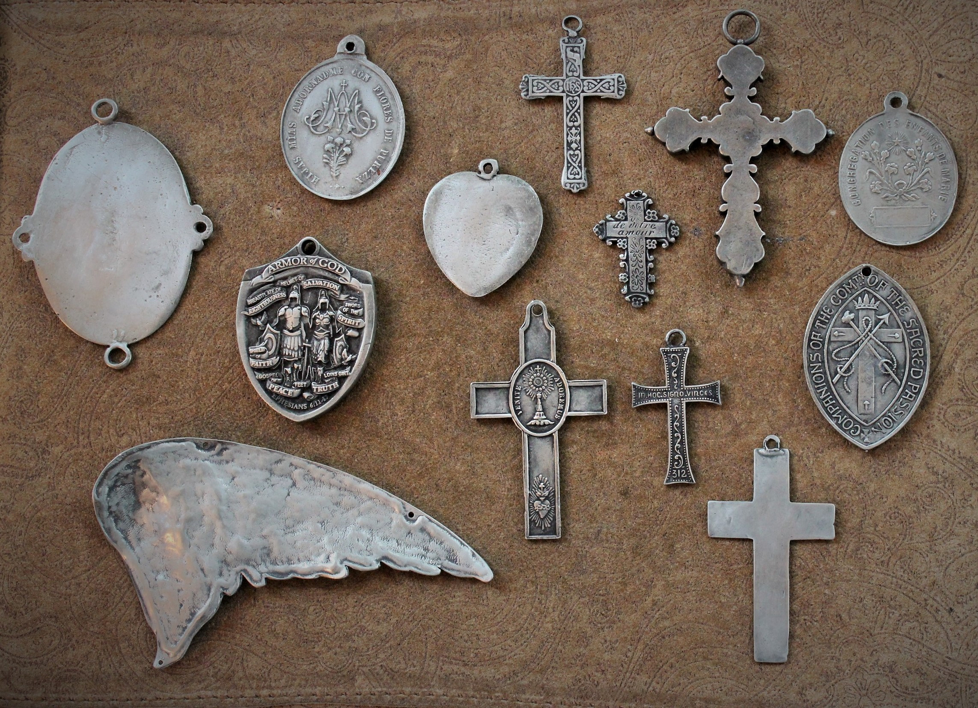 Collection of 13 Unique Crosses, Medals & Cast Bird Wing  - Set of 13 Old Casts for your own Jewelry Creations!