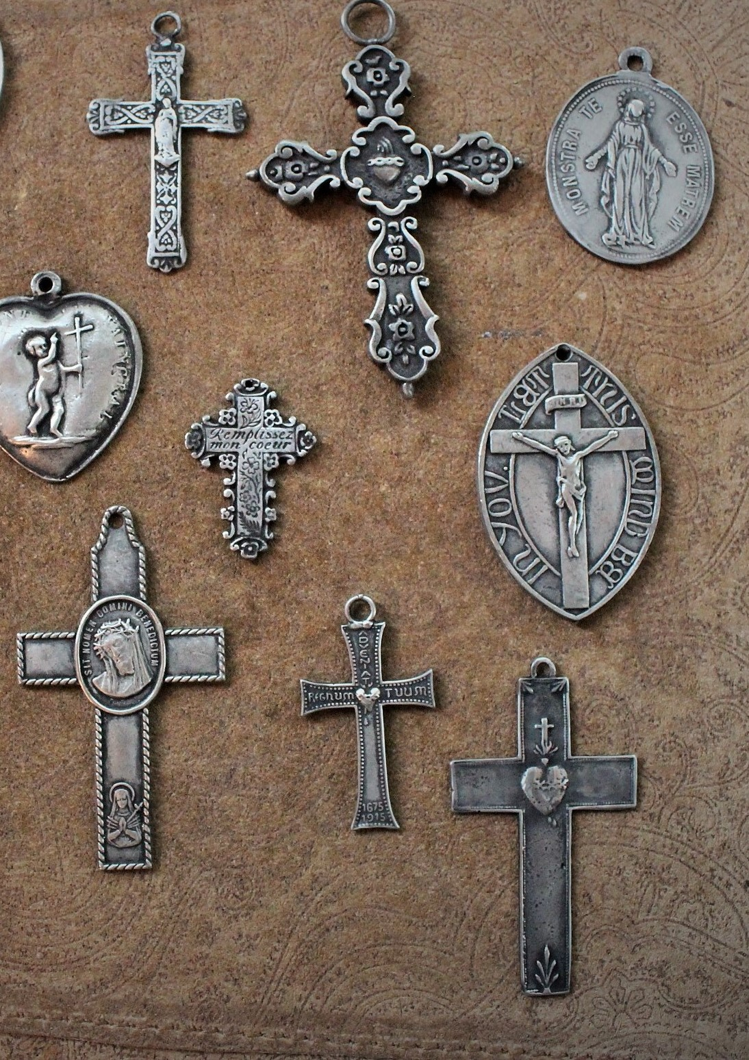 Collection of 13 Unique Crosses, Medals & Cast Bird Wing  - Set of 13 Old Casts for your own Jewelry Creations!