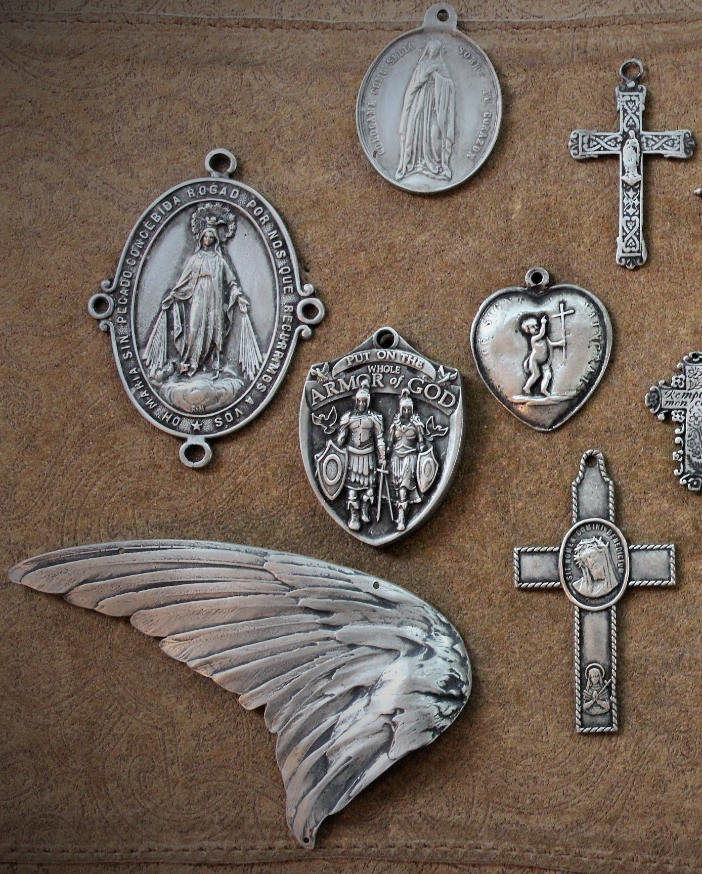 Collection of 13 Unique Crosses, Medals & Cast Bird Wing  - Set of 13 Old Casts for your own Jewelry Creations!