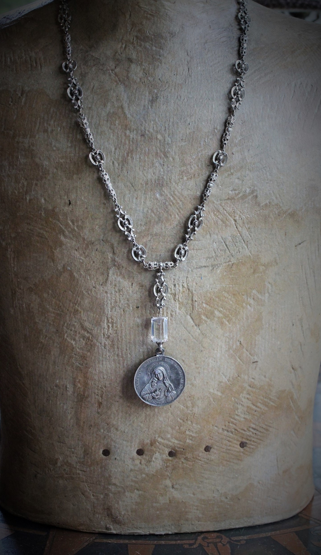 Queen of the Virgins Necklace w/Antique German Marian Medal, Antique Etruscan Chain, Antique Faceted Rock Crystal Connector