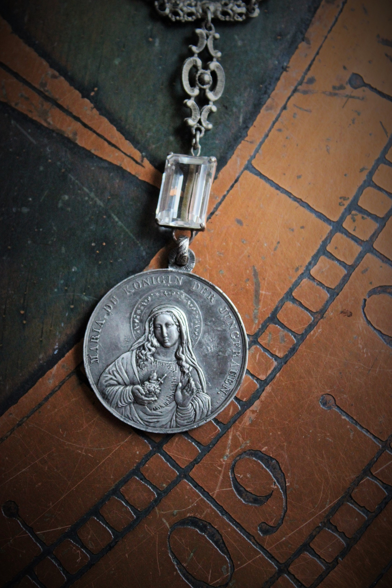 Queen of the Virgins Necklace w/Antique German Marian Medal, Antique Etruscan Chain, Antique Faceted Rock Crystal Connector