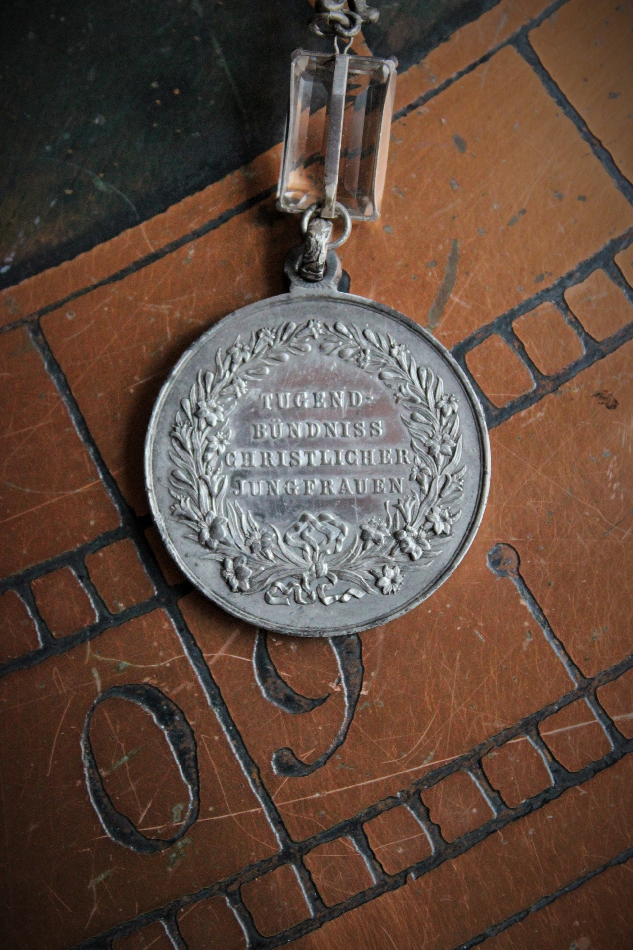 Queen of the Virgins Necklace w/Antique German Marian Medal, Antique Etruscan Chain, Antique Faceted Rock Crystal Connector