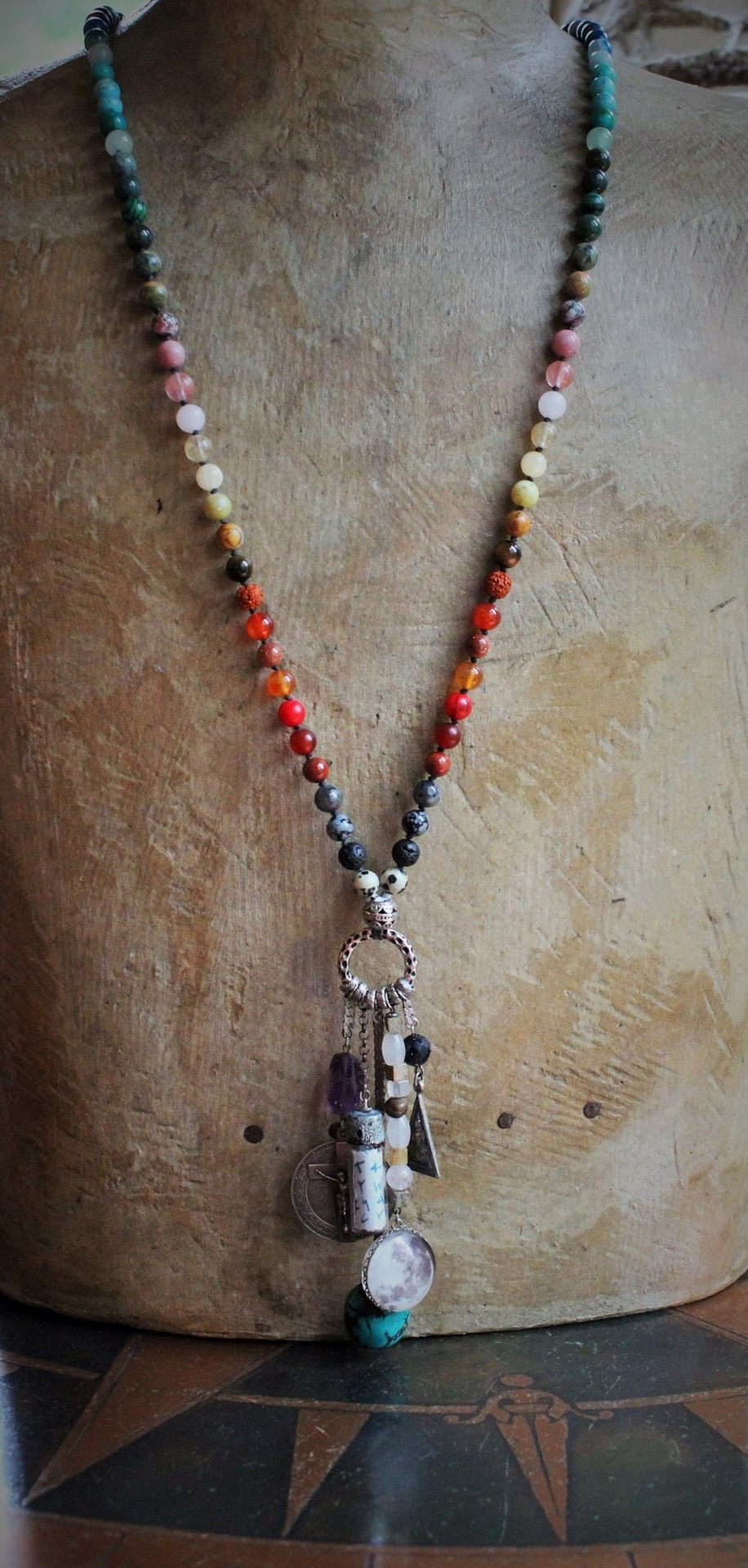 Healer of all Beings Necklace w/Hand Knotted Gemstone Mala, Antique Sterling Crucifix Medal,Antique Buddha Sanskrit Medal,Aramaic Prayer Glass Vessel,Faceted Amethyst,Turquoise Nugget