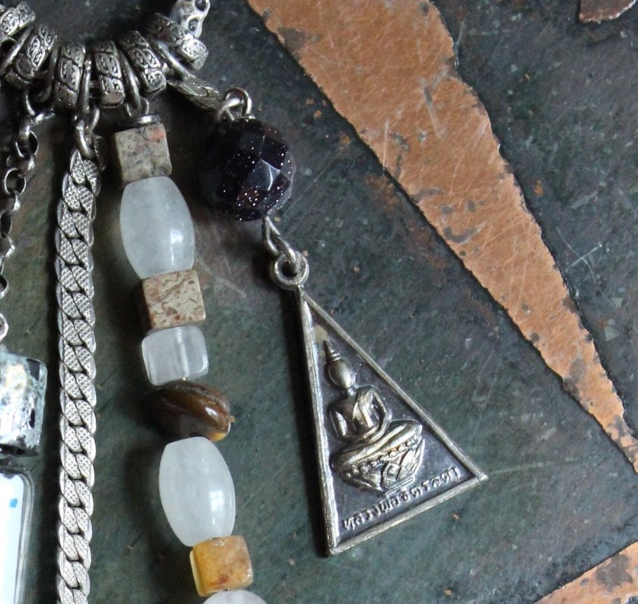 Healer of all Beings Necklace w/Hand Knotted Gemstone Mala, Antique Sterling Crucifix Medal,Antique Buddha Sanskrit Medal,Aramaic Prayer Glass Vessel,Faceted Amethyst,Turquoise Nugget