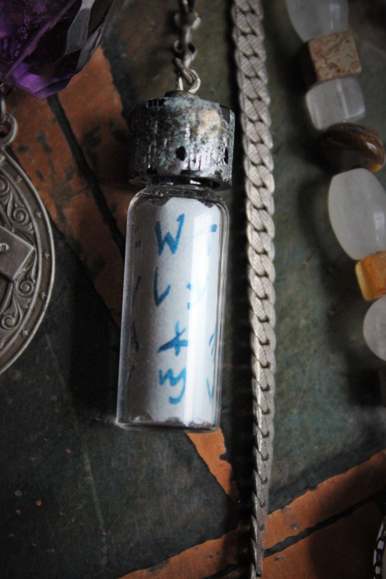 Healer of all Beings Necklace w/Hand Knotted Gemstone Mala, Antique Sterling Crucifix Medal,Antique Buddha Sanskrit Medal,Aramaic Prayer Glass Vessel,Faceted Amethyst,Turquoise Nugget