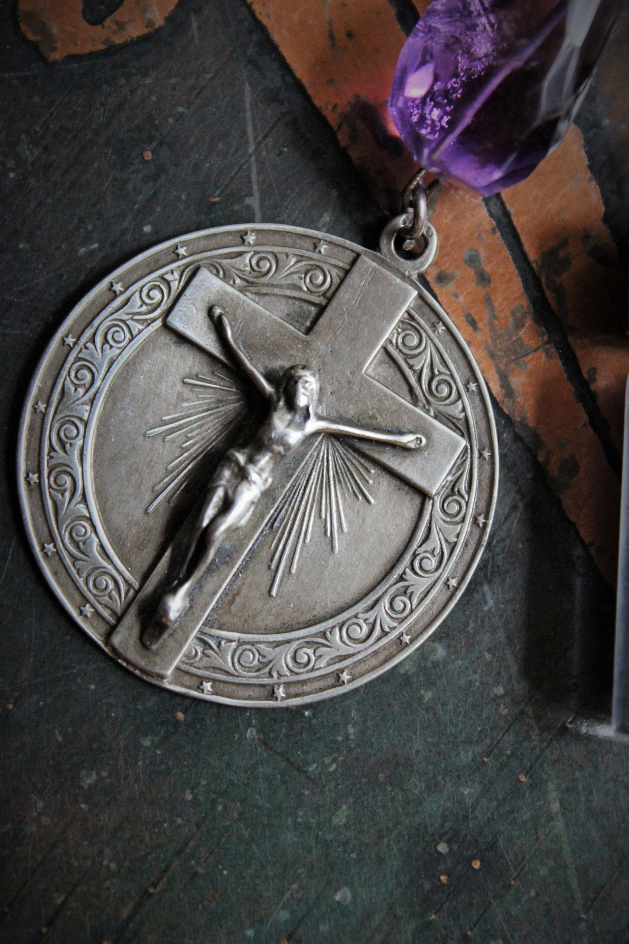 Healer of all Beings Necklace w/Hand Knotted Gemstone Mala, Antique Sterling Crucifix Medal,Antique Buddha Sanskrit Medal,Aramaic Prayer Glass Vessel,Faceted Amethyst,Turquoise Nugget
