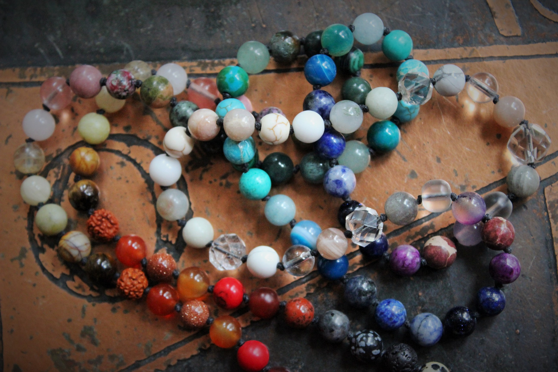 Healer of all Beings Necklace w/Hand Knotted Gemstone Mala, Antique Sterling Crucifix Medal,Antique Buddha Sanskrit Medal,Aramaic Prayer Glass Vessel,Faceted Amethyst,Turquoise Nugget