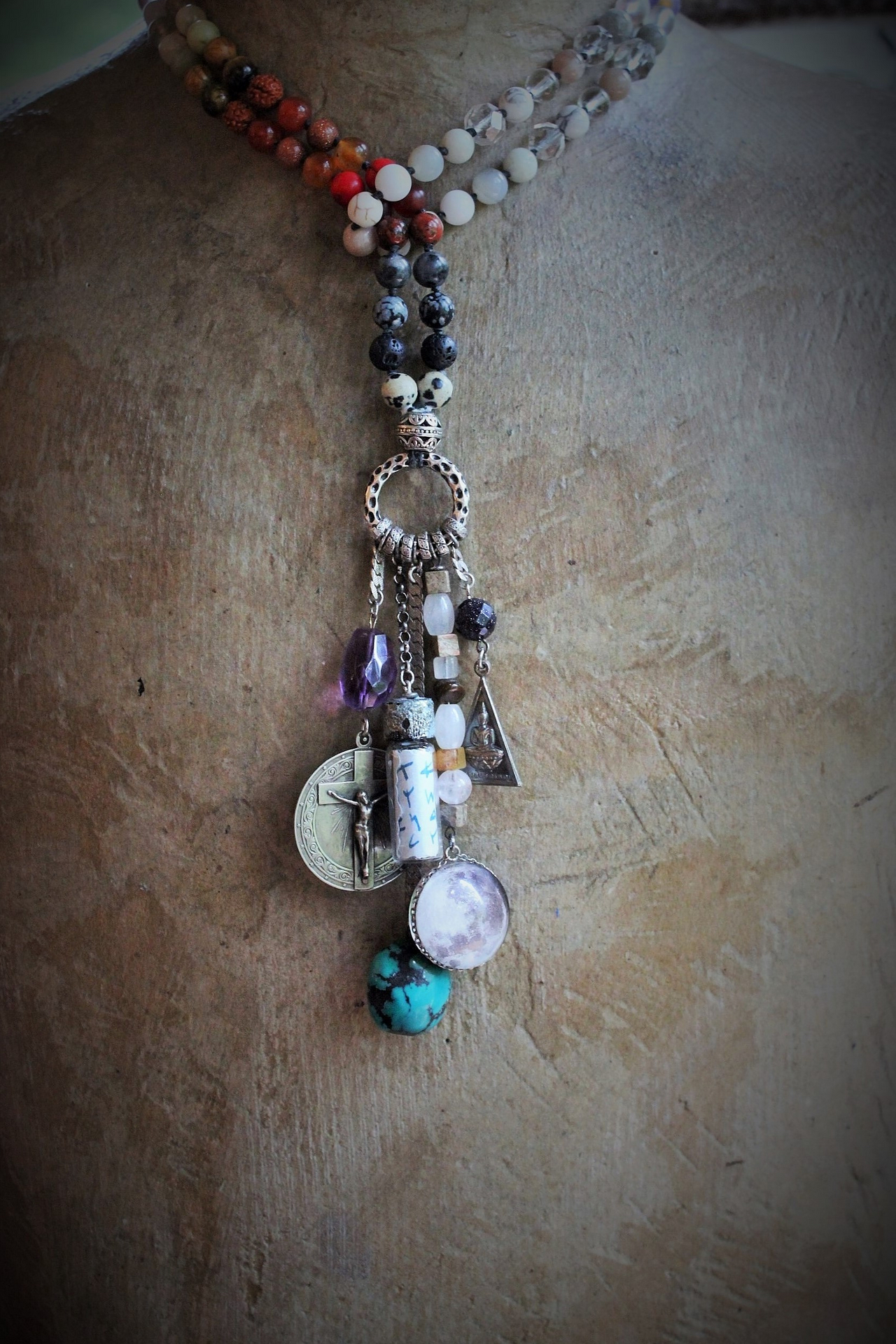 Healer of all Beings Necklace w/Hand Knotted Gemstone Mala, Antique Sterling Crucifix Medal,Antique Buddha Sanskrit Medal,Aramaic Prayer Glass Vessel,Faceted Amethyst,Turquoise Nugget
