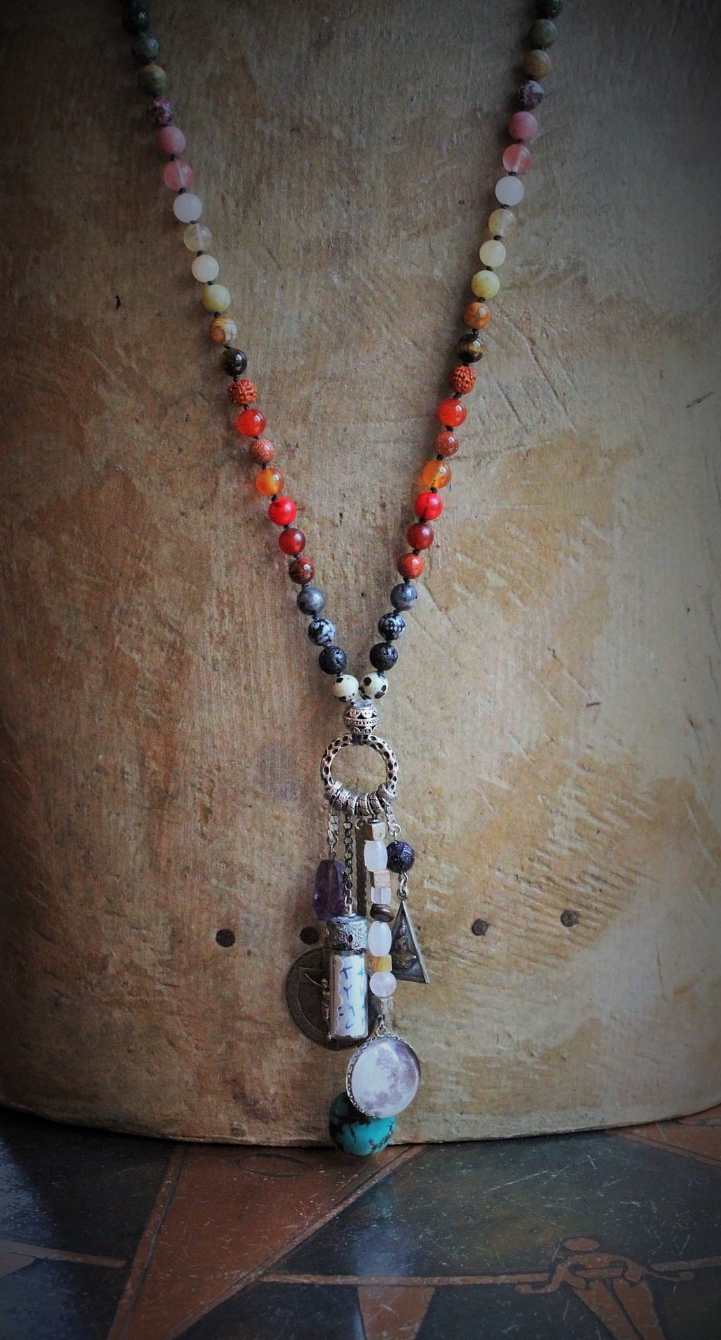 Healer of all Beings Necklace w/Hand Knotted Gemstone Mala, Antique Sterling Crucifix Medal,Antique Buddha Sanskrit Medal,Aramaic Prayer Glass Vessel,Faceted Amethyst,Turquoise Nugget
