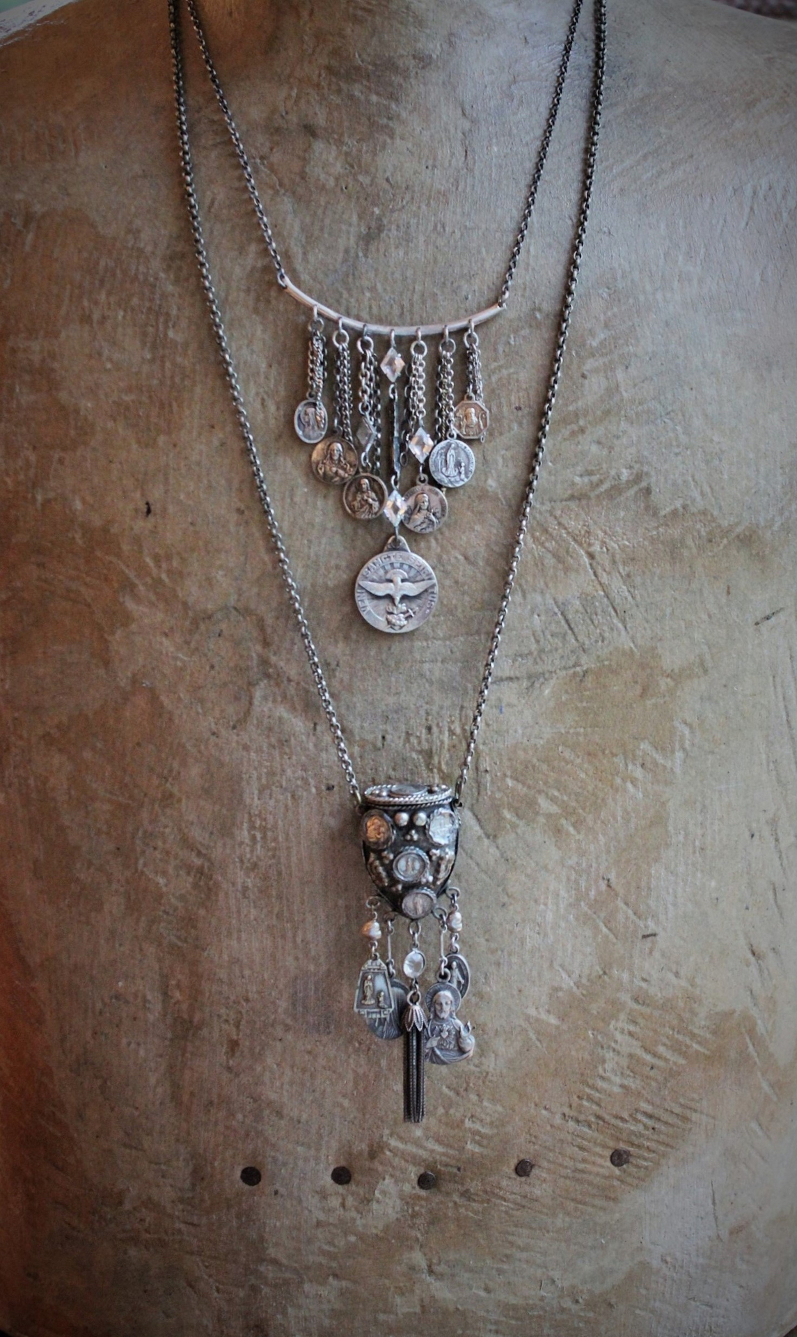 Unique Antique Silver Prayer Box Necklace w/Inset Antique Medals,Hanging Antique French Medals, Sterling Chain Tassel,Sterling Puffy Heart Connectors,Antique Bezel Set Crystal