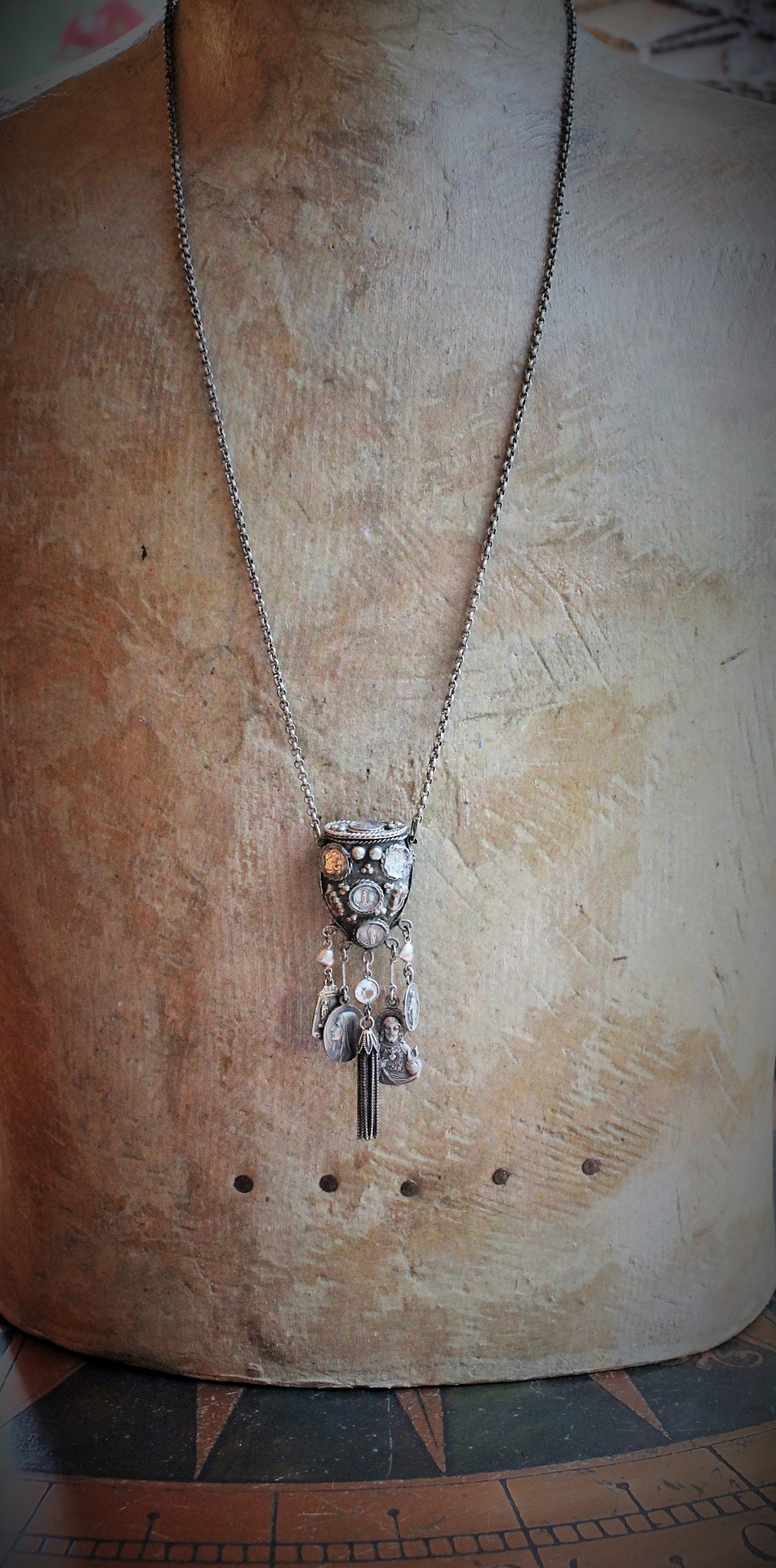 Unique Antique Silver Prayer Box Necklace w/Inset Antique Medals,Hanging Antique French Medals, Sterling Chain Tassel,Sterling Puffy Heart Connectors,Antique Bezel Set Crystal