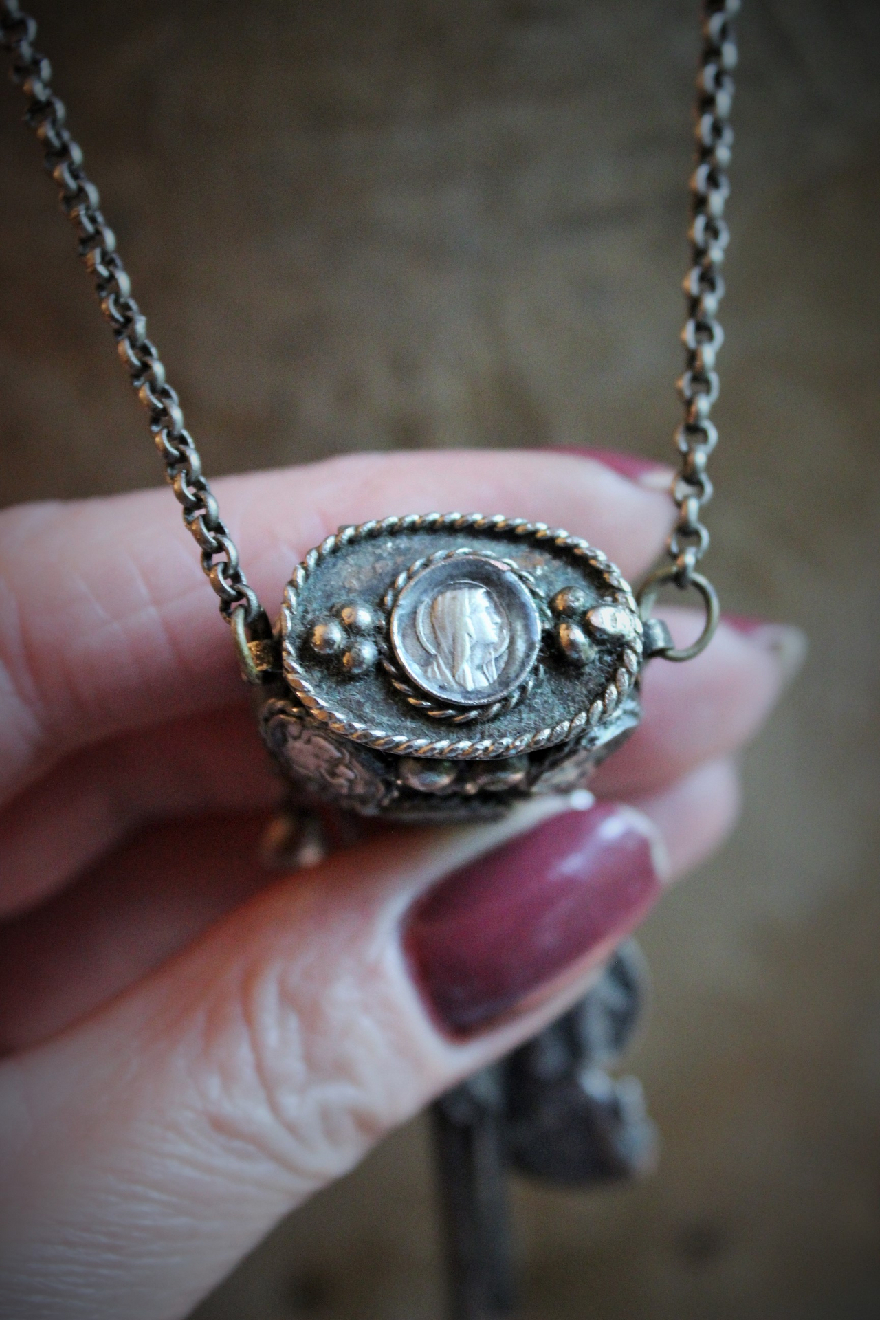 Unique Antique Silver Prayer Box Necklace w/Inset Antique Medals,Hanging Antique French Medals, Sterling Chain Tassel,Sterling Puffy Heart Connectors,Antique Bezel Set Crystal