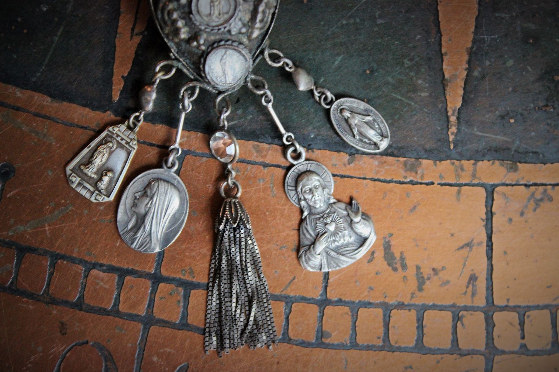 Unique Antique Silver Prayer Box Necklace w/Inset Antique Medals,Hanging Antique French Medals, Sterling Chain Tassel,Sterling Puffy Heart Connectors,Antique Bezel Set Crystal