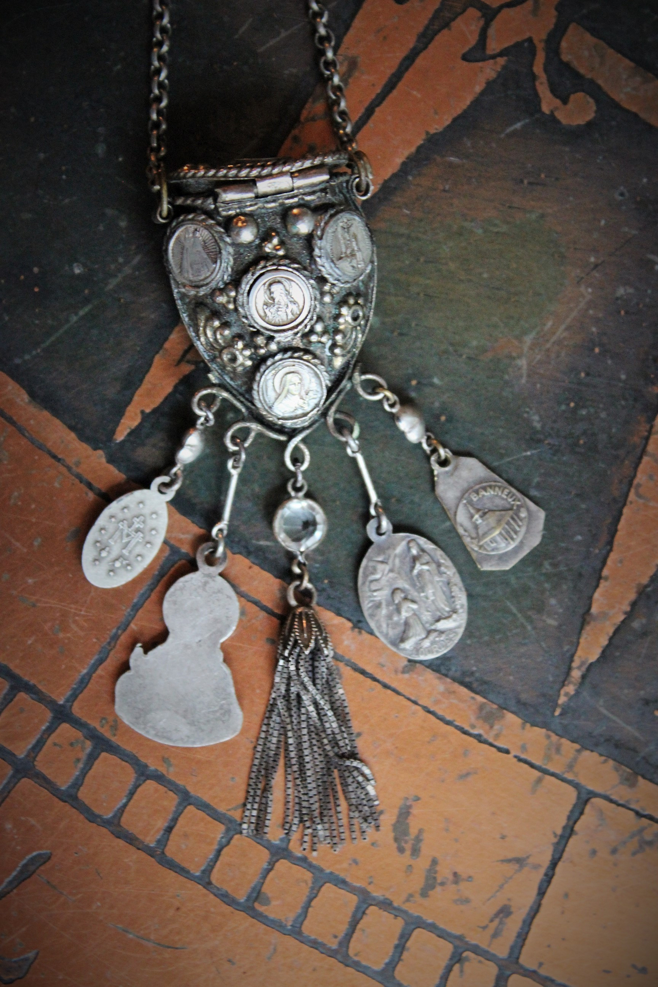 Unique Antique Silver Prayer Box Necklace w/Inset Antique Medals,Hanging Antique French Medals, Sterling Chain Tassel,Sterling Puffy Heart Connectors,Antique Bezel Set Crystal