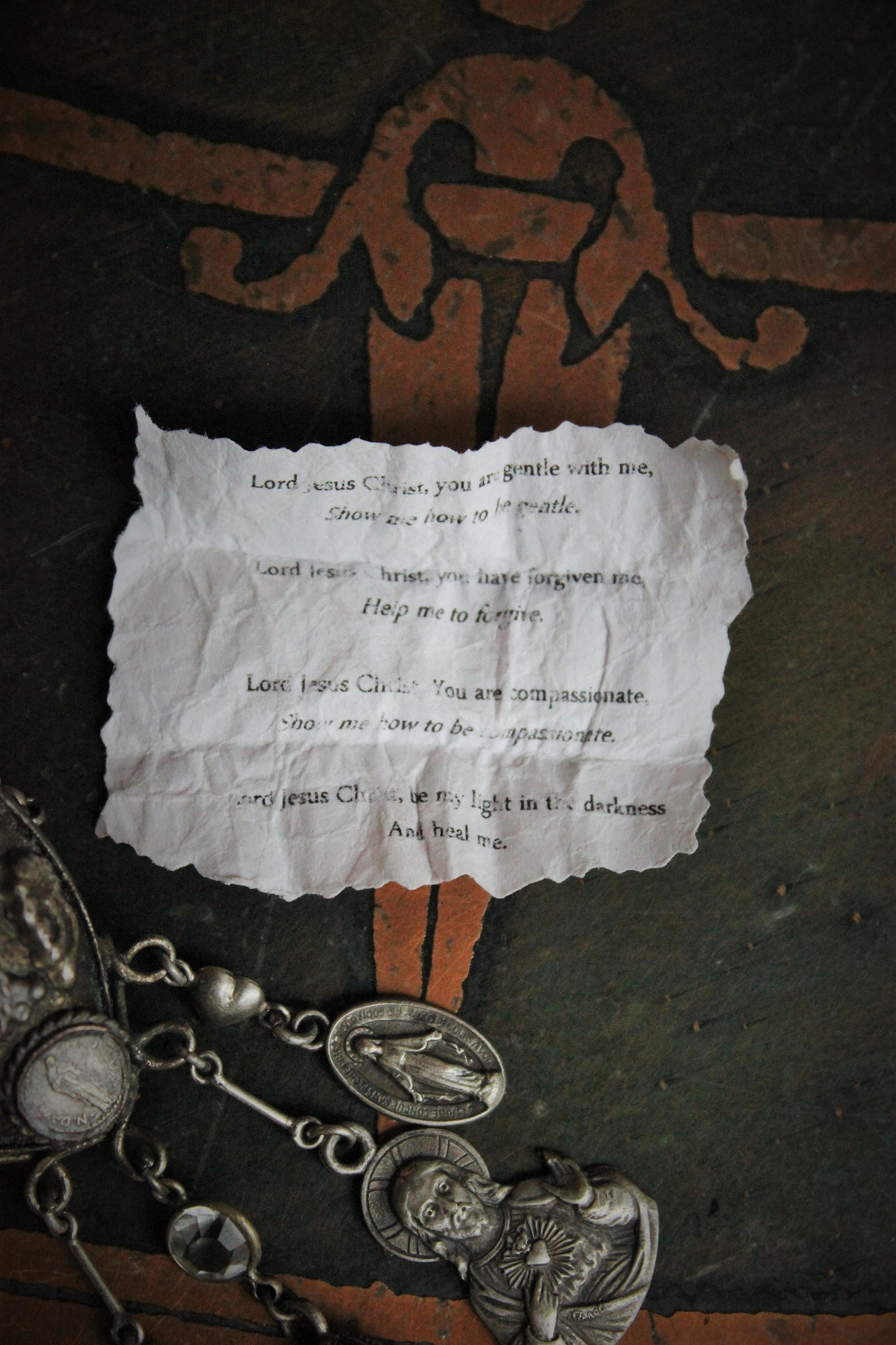 Unique Antique Silver Prayer Box Necklace w/Inset Antique Medals,Hanging Antique French Medals, Sterling Chain Tassel,Sterling Puffy Heart Connectors,Antique Bezel Set Crystal