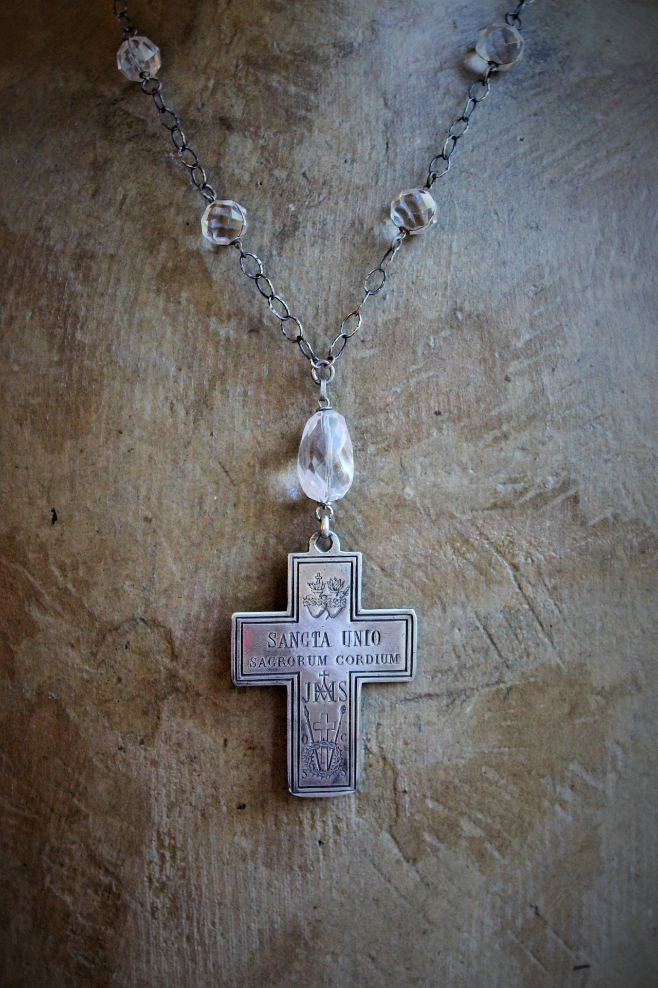 Antique French Sterling Engraved Sacred Hearts Cross Necklace w/Antique Undrilled & Faceted Rock Crystal Connectors,Faceted Rock Crystal Stone,Antique Sterling Chain