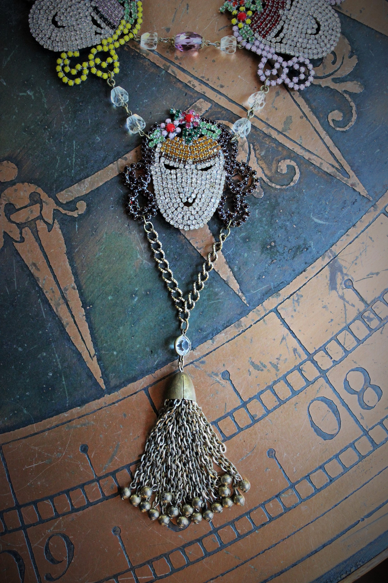 Joy Follows Necklace w/Antique Prong Set Rhinestone Faces,Antique Embossed Chain,Antique Chain Tassel, Antique Faceted Art Deco Beads