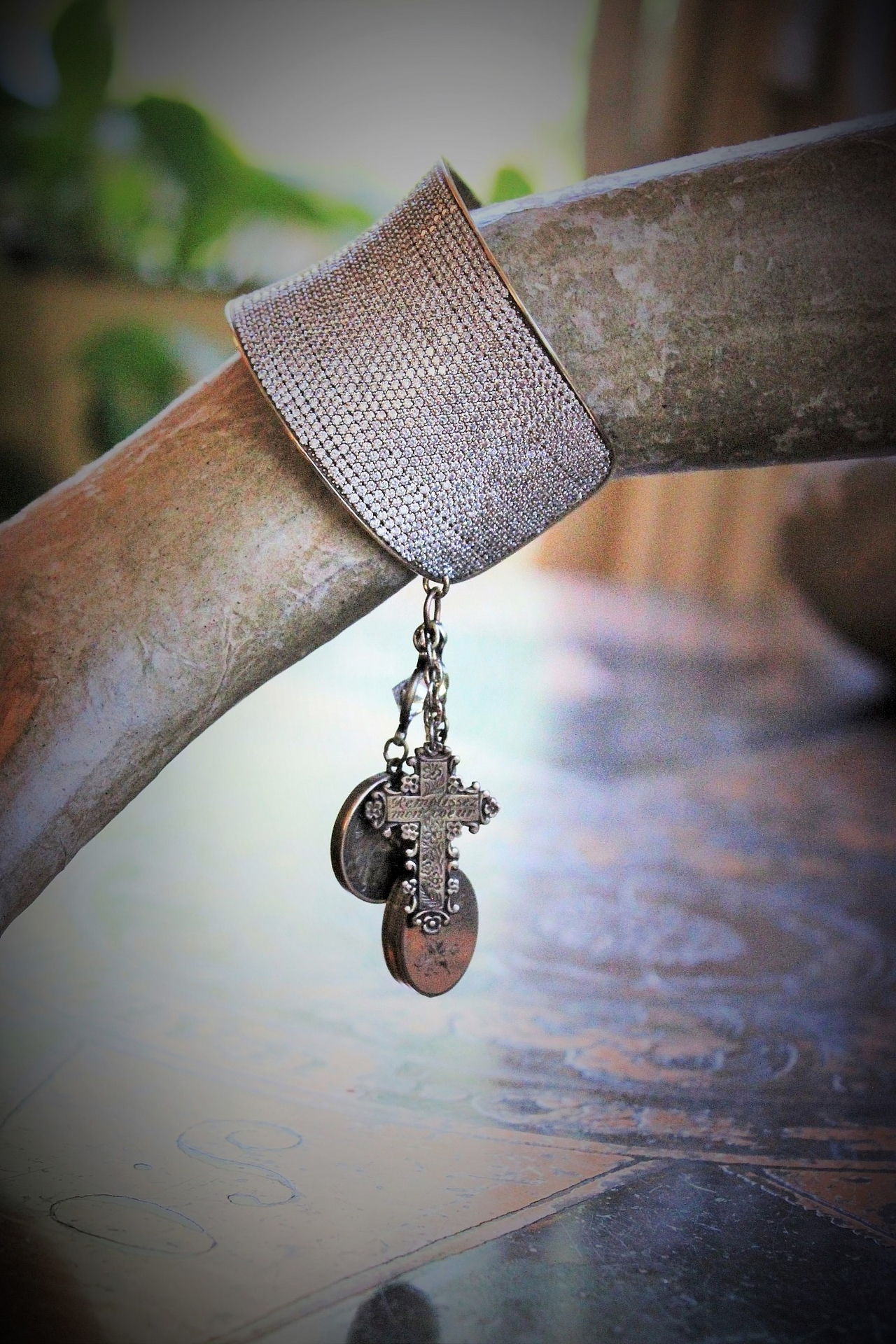 Unique Wide Vintage Micro Pave Sterling Vermeil Cuff Bracelet w/Antique French Sacred Heart Medal,Antique Gold Engraved Locket,Antique Religious Rose,Engraved French 'Fill My Heart with your Love' Cross