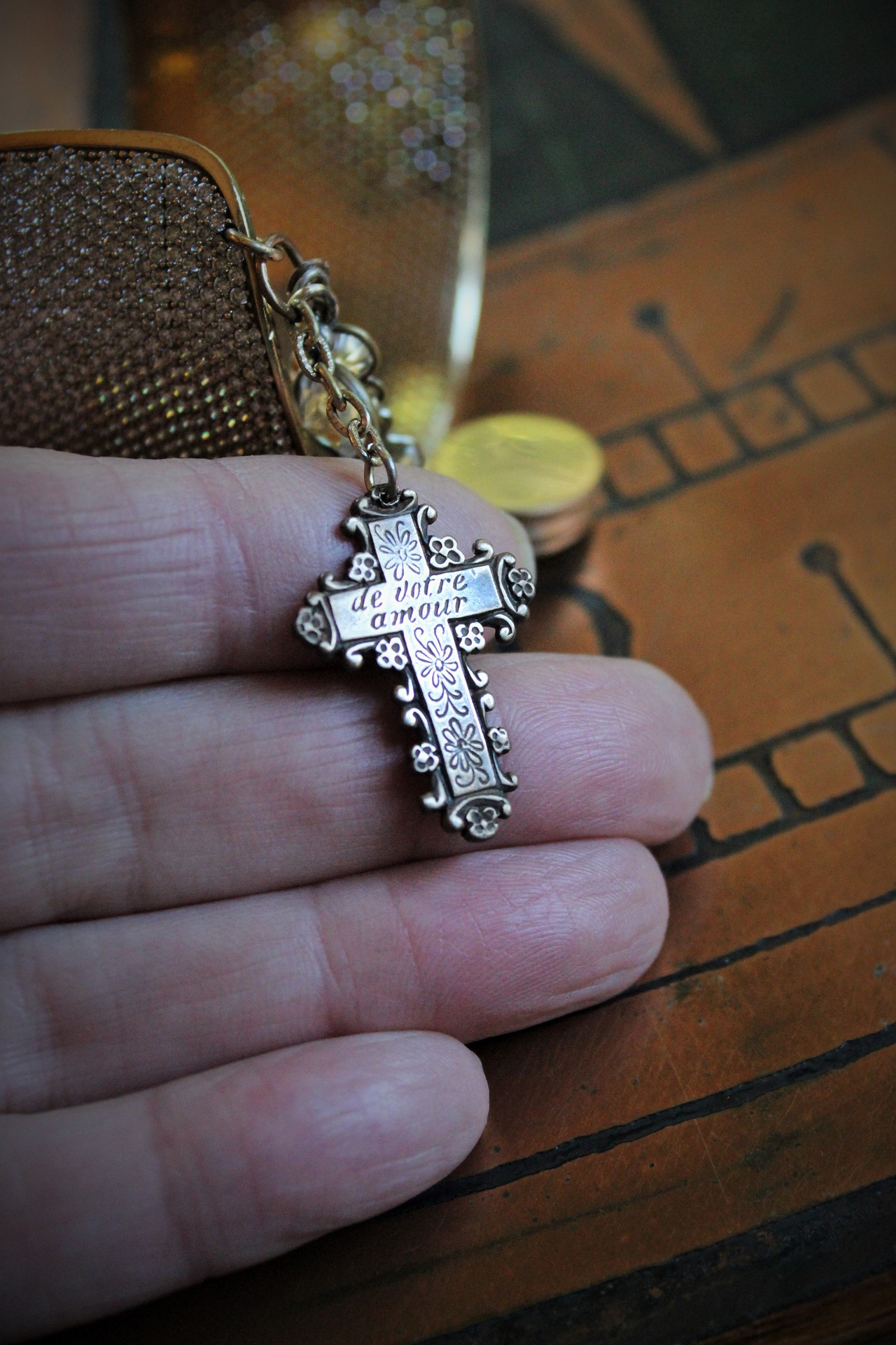 Unique Wide Vintage Micro Pave Sterling Vermeil Cuff Bracelet w/Antique French Sacred Heart Medal,Antique Gold Engraved Locket,Antique Religious Rose,Engraved French 'Fill My Heart with your Love' Cross