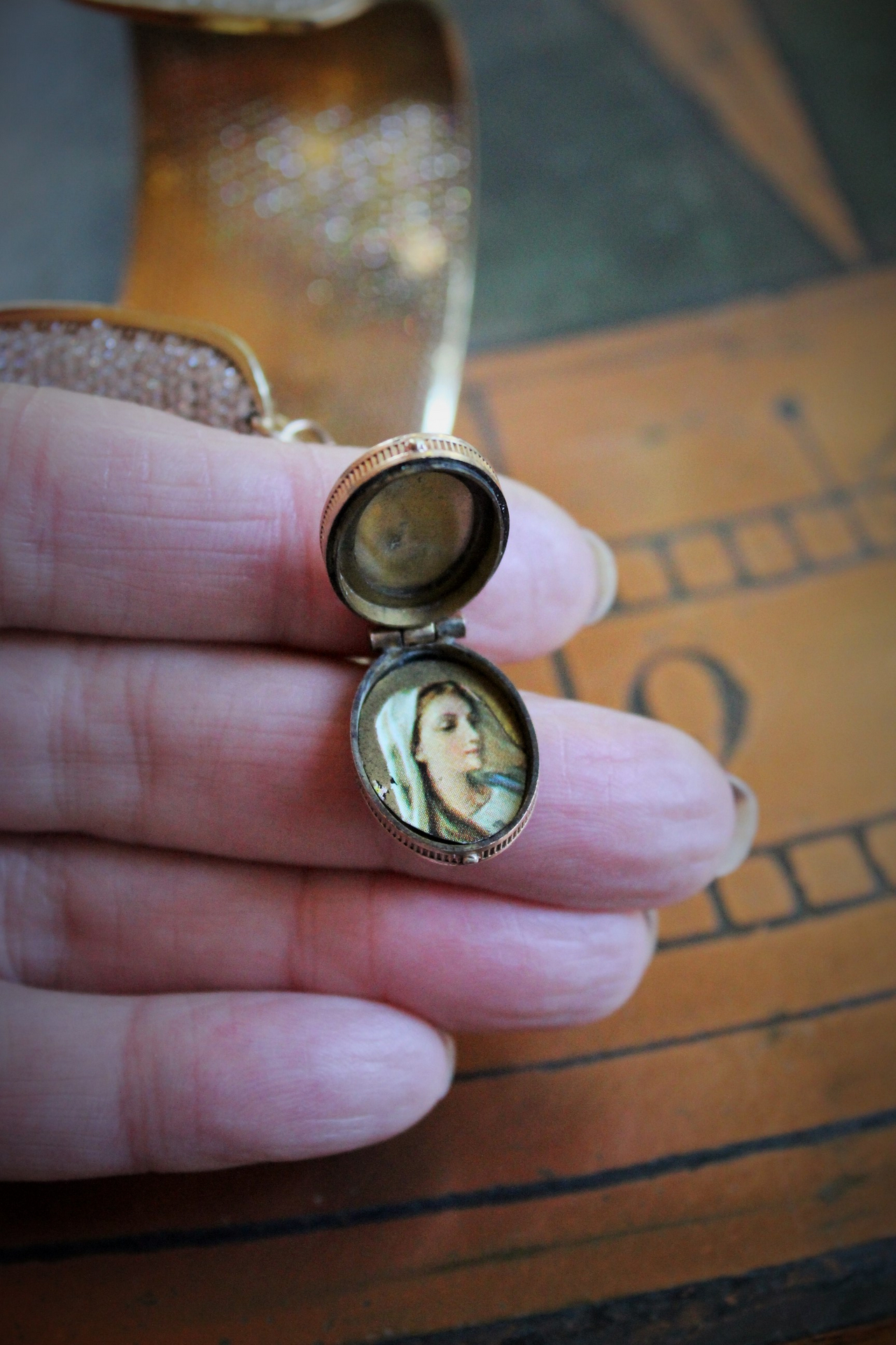 Unique Wide Vintage Micro Pave Sterling Vermeil Cuff Bracelet w/Antique French Sacred Heart Medal,Antique Gold Engraved Locket,Antique Religious Rose,Engraved French 'Fill My Heart with your Love' Cross