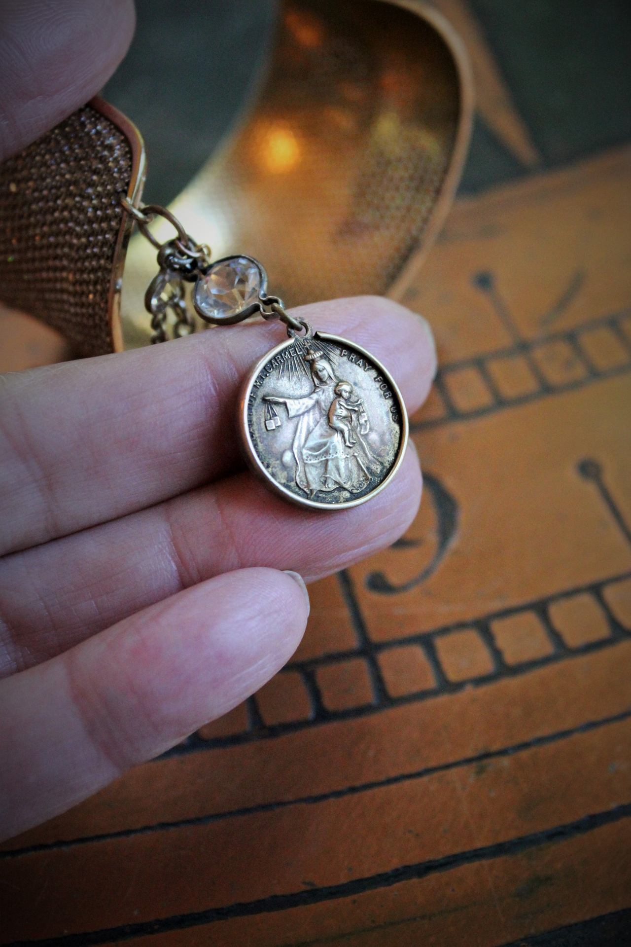 Unique Wide Vintage Micro Pave Sterling Vermeil Cuff Bracelet w/Antique French Sacred Heart Medal,Antique Gold Engraved Locket,Antique Religious Rose,Engraved French 'Fill My Heart with your Love' Cross