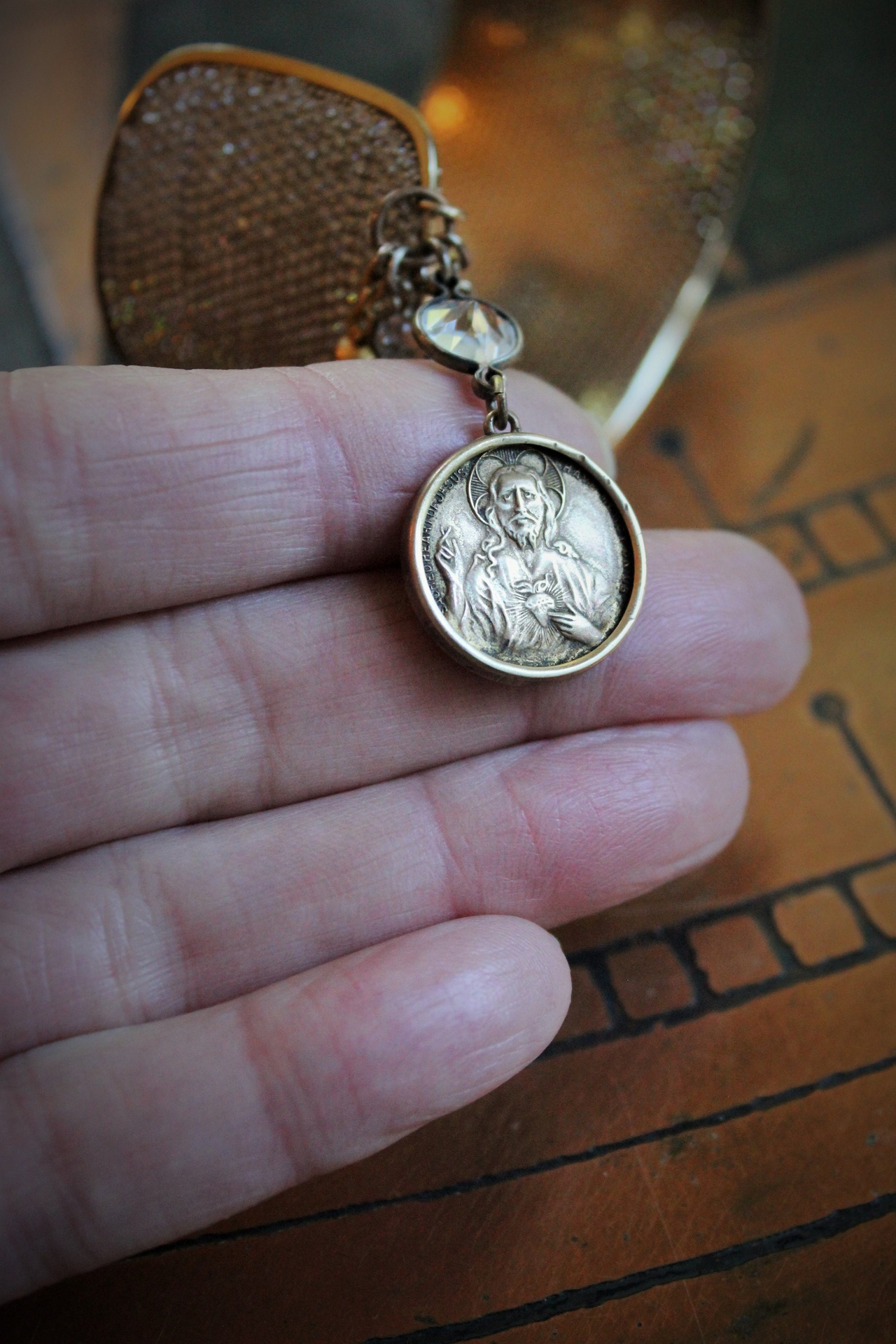 Unique Wide Vintage Micro Pave Sterling Vermeil Cuff Bracelet w/Antique French Sacred Heart Medal,Antique Gold Engraved Locket,Antique Religious Rose,Engraved French 'Fill My Heart with your Love' Cross