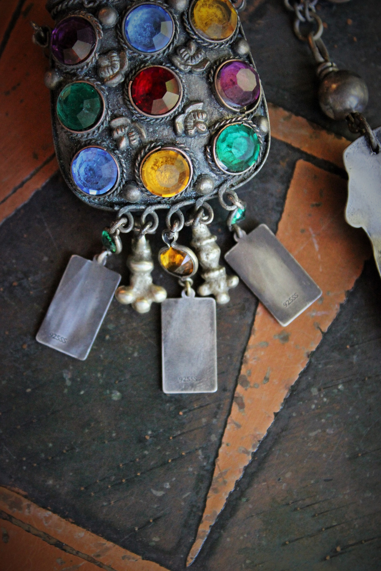 NEW! Strength, Justice & Temperance Necklace Set w/Antique Silver Prayer Box with Inset Faceted Crystals,3 Engraved Sterling Tarot Medals,Antique Cast Figural Hand,Sterling Chains