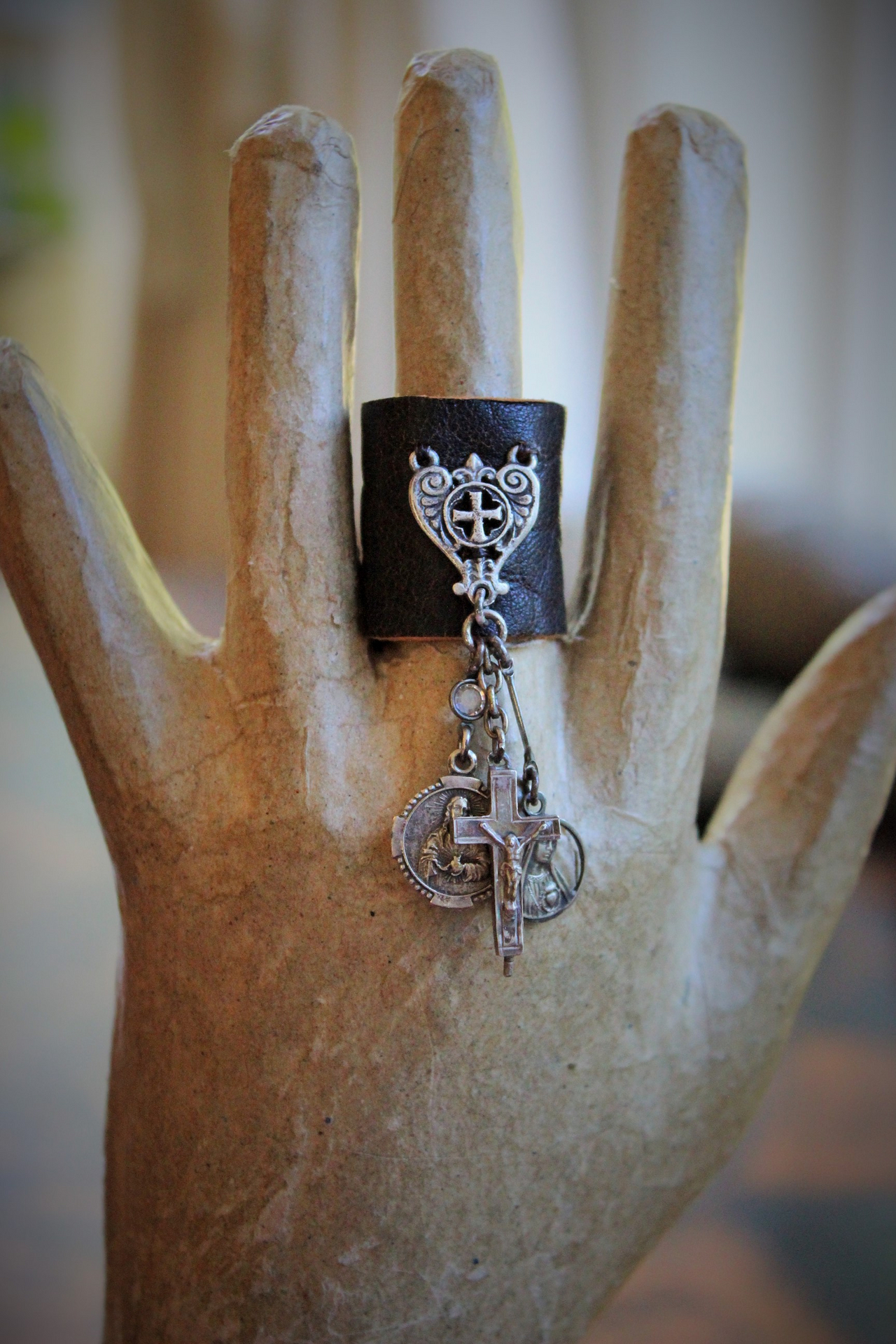 Distressed Leather Band Ring w/RARE Tiny Antique French Reliquary Cross,Antique French Sacred Heart of Jesus Medal,Antique Fatima Sacred Heart Marian Medal