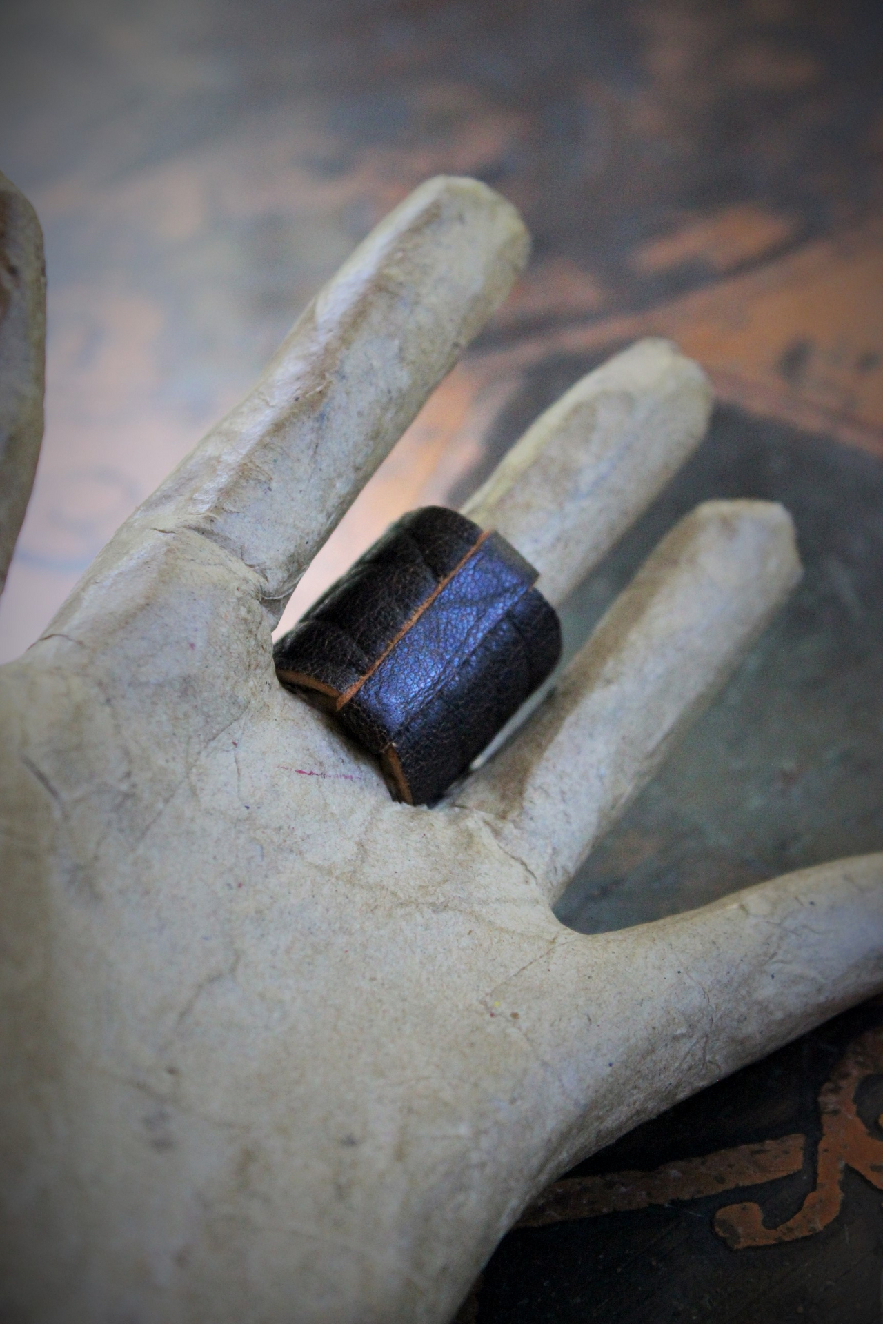 Distressed Leather Band Ring w/RARE Tiny Antique French Reliquary Cross,Antique French Sacred Heart of Jesus Medal,Antique Fatima Sacred Heart Marian Medal