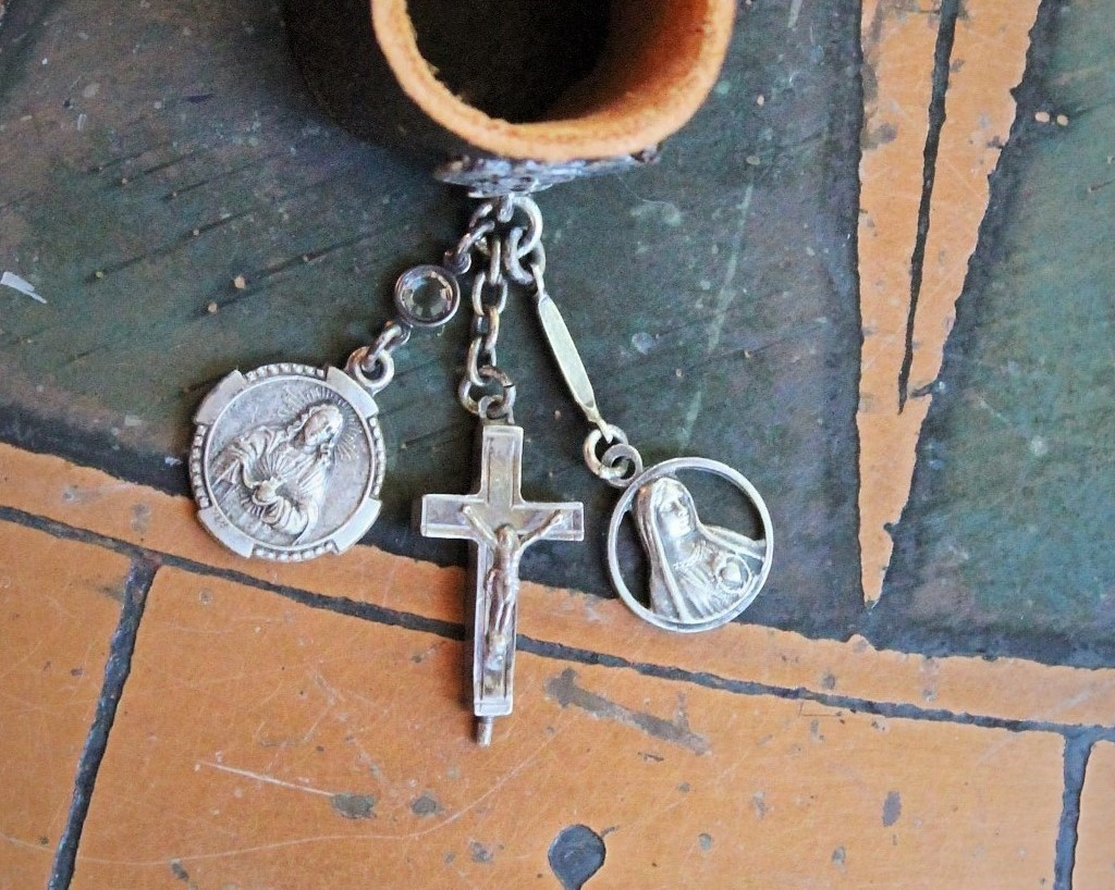 Distressed Leather Band Ring w/RARE Tiny Antique French Reliquary Cross,Antique French Sacred Heart of Jesus Medal,Antique Fatima Sacred Heart Marian Medal
