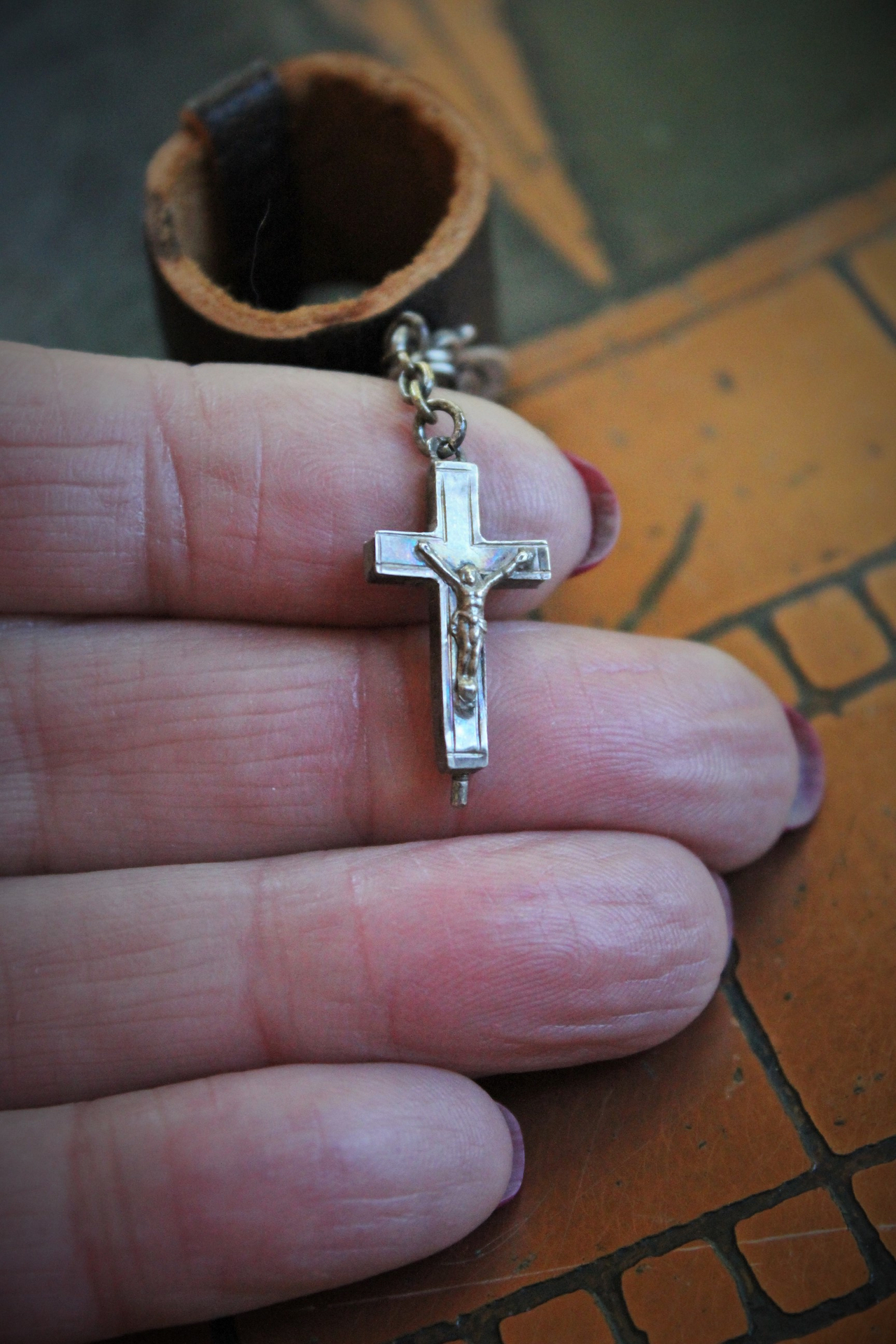 Distressed Leather Band Ring w/RARE Tiny Antique French Reliquary Cross,Antique French Sacred Heart of Jesus Medal,Antique Fatima Sacred Heart Marian Medal