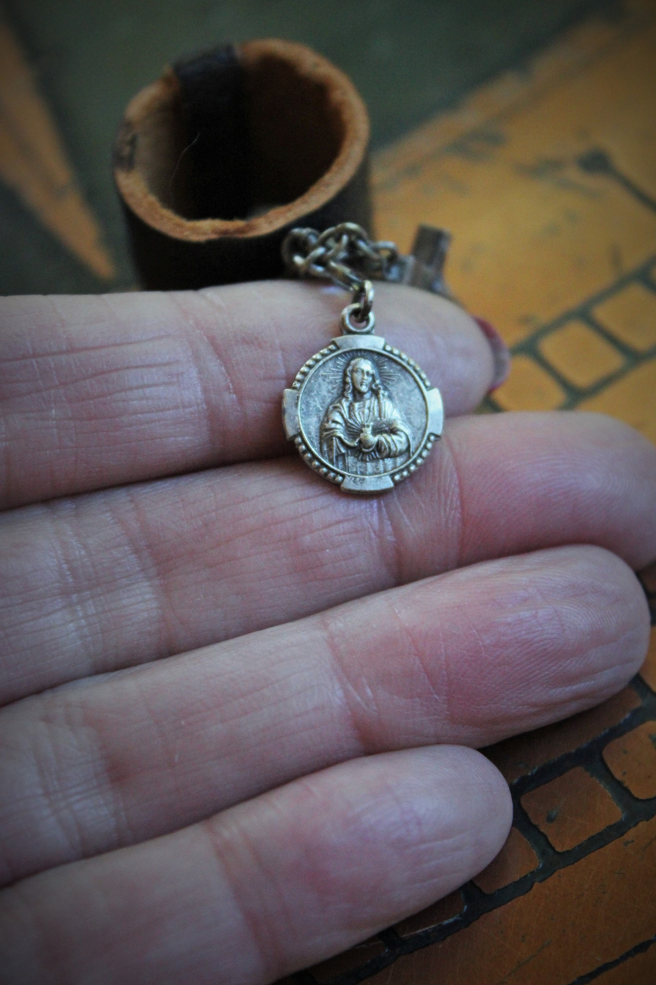 Distressed Leather Band Ring w/RARE Tiny Antique French Reliquary Cross,Antique French Sacred Heart of Jesus Medal,Antique Fatima Sacred Heart Marian Medal