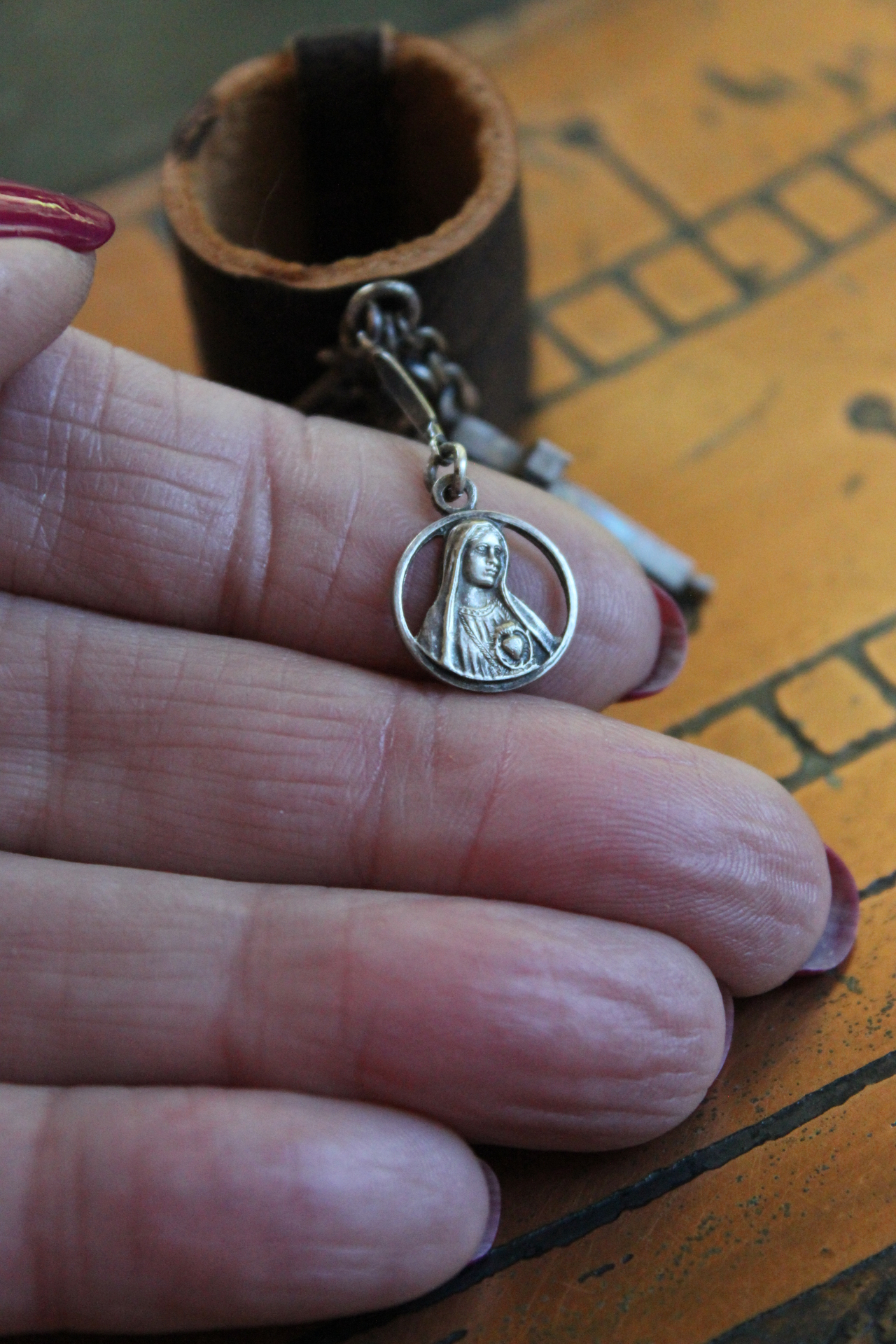 Distressed Leather Band Ring w/RARE Tiny Antique French Reliquary Cross,Antique French Sacred Heart of Jesus Medal,Antique Fatima Sacred Heart Marian Medal