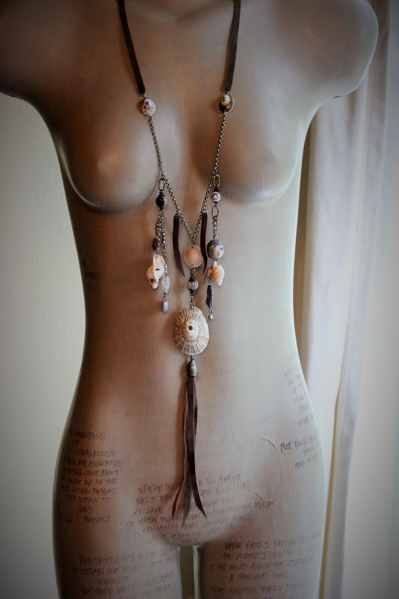 Gifts from the Sea Necklace w/Distressed Leather,Sterling Chain,Found Shells,Banded Agate,Distressed Leather Tassel