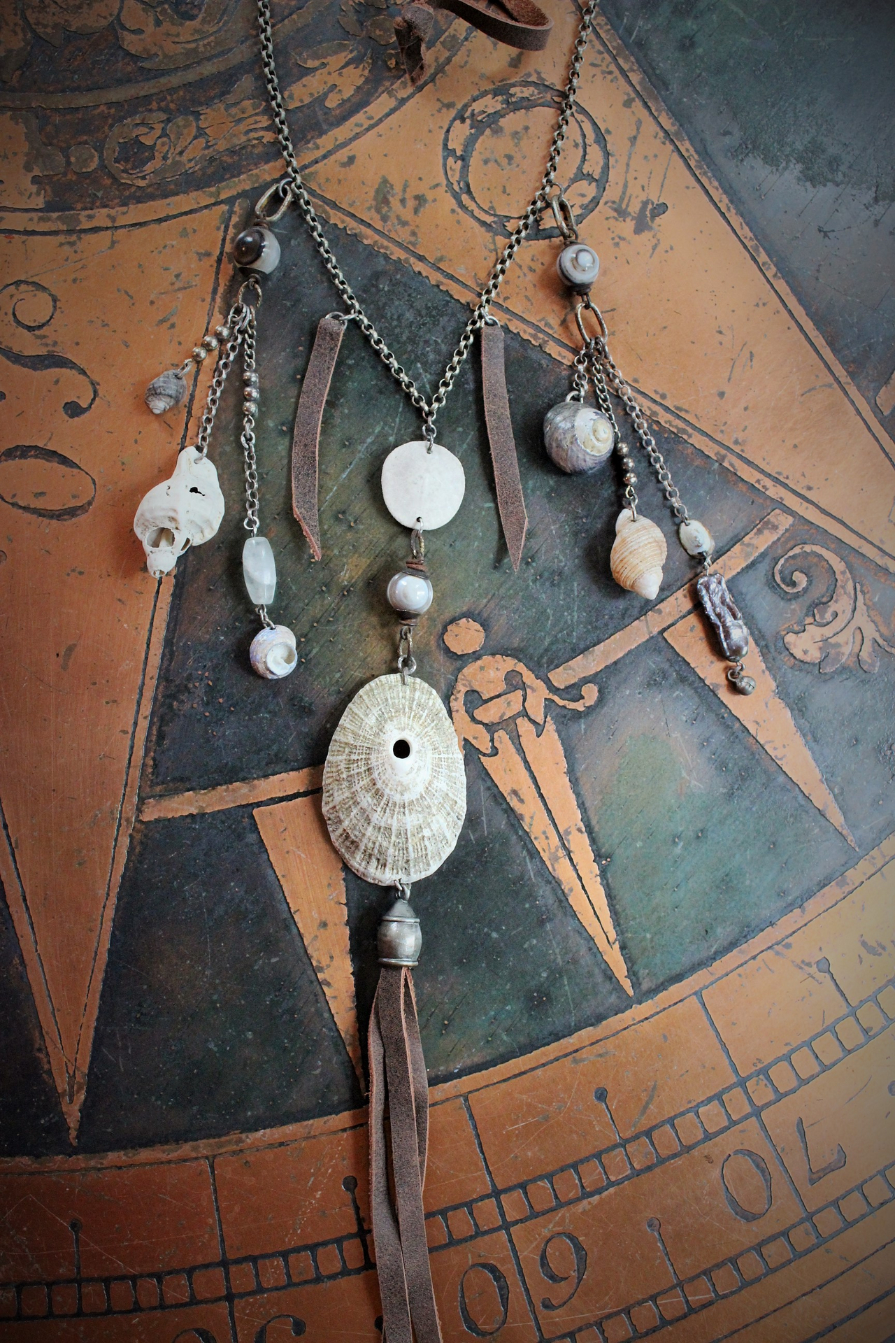 Gifts from the Sea Necklace w/Distressed Leather,Sterling Chain,Found Shells,Banded Agate,Distressed Leather Tassel