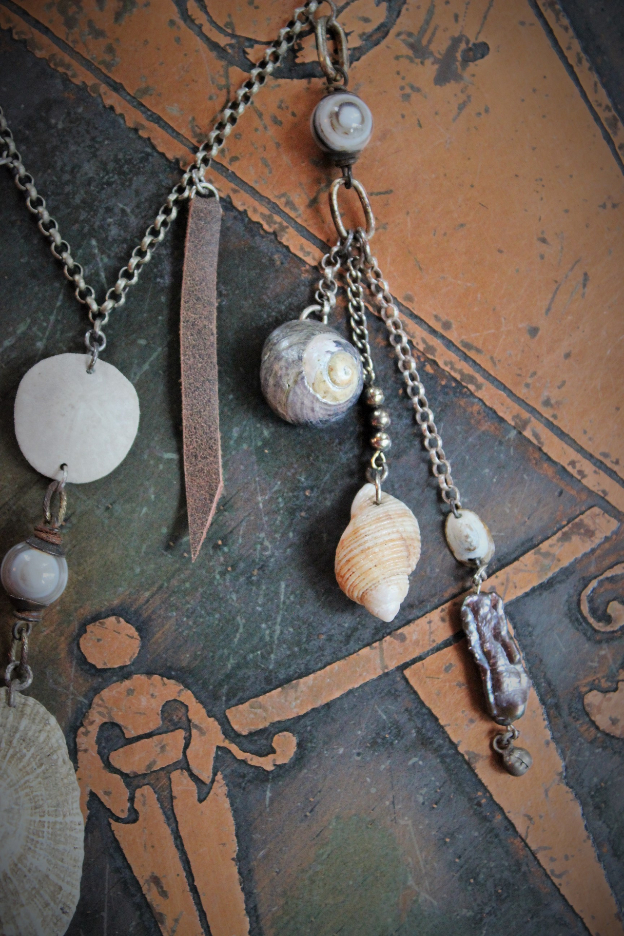 Gifts from the Sea Necklace w/Distressed Leather,Sterling Chain,Found Shells,Banded Agate,Distressed Leather Tassel