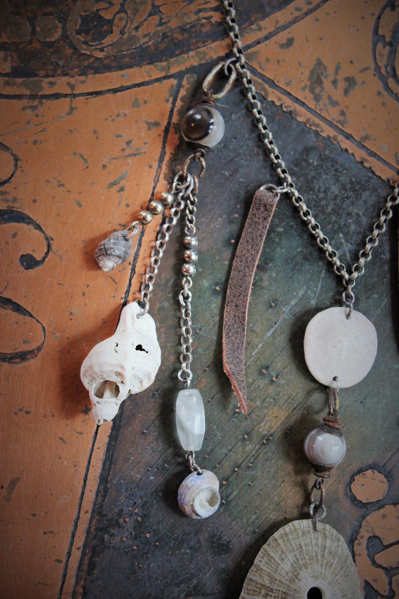 Gifts from the Sea Necklace w/Distressed Leather,Sterling Chain,Found Shells,Banded Agate,Distressed Leather Tassel