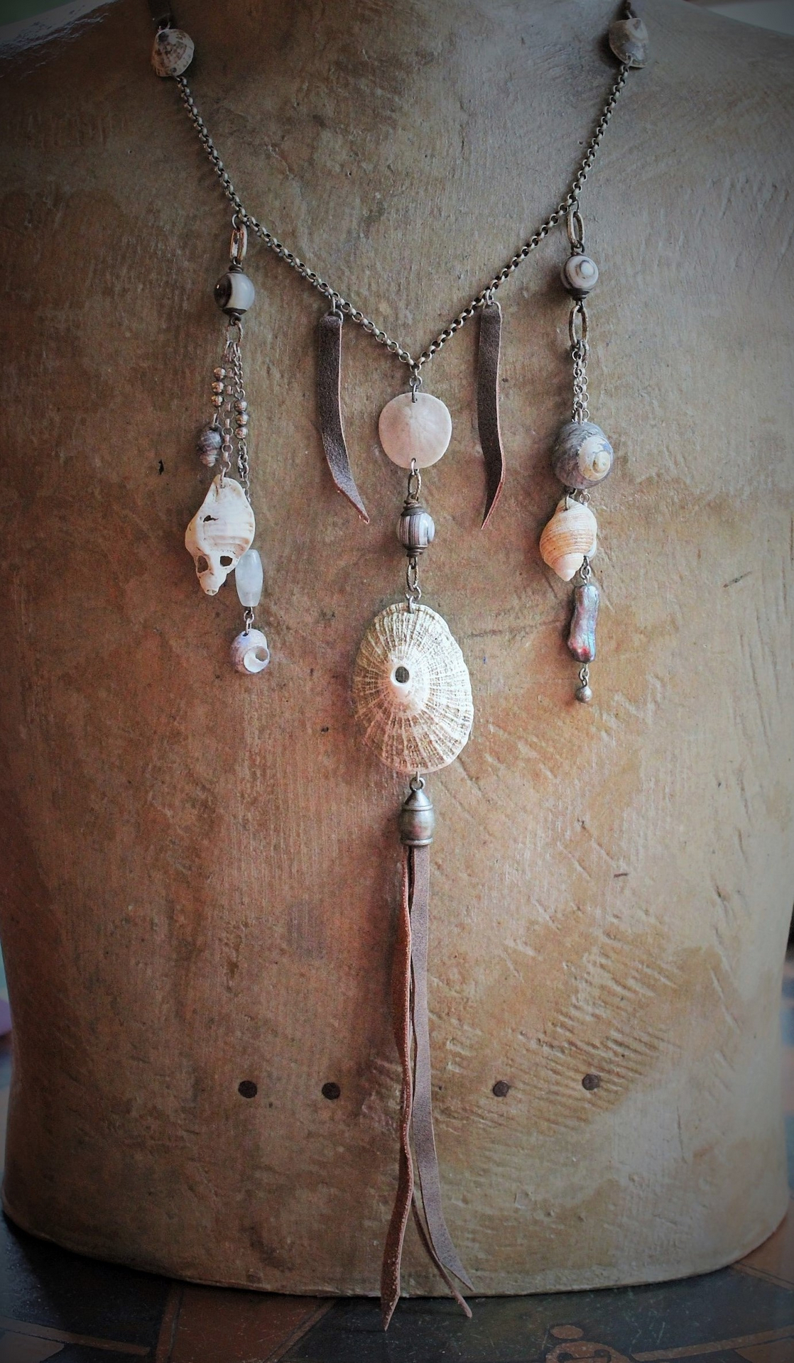 Gifts from the Sea Necklace w/Distressed Leather,Sterling Chain,Found Shells,Banded Agate,Distressed Leather Tassel