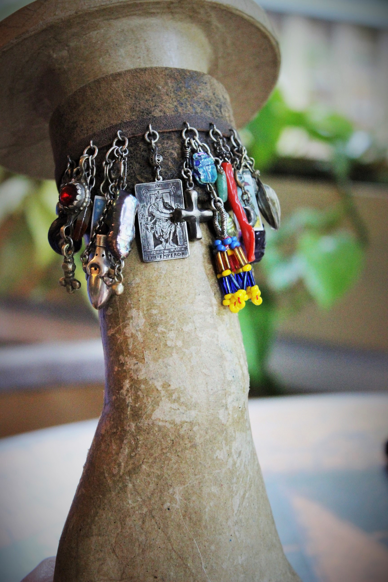 Distressed Leather Gypsy Charm Cuff Bracelet w/Sterling Tarot Medal,Mini Sterling Perfume/Oil Vessel,Antique Sterling Puffy Star & Crescent Moon Drops,Multiple