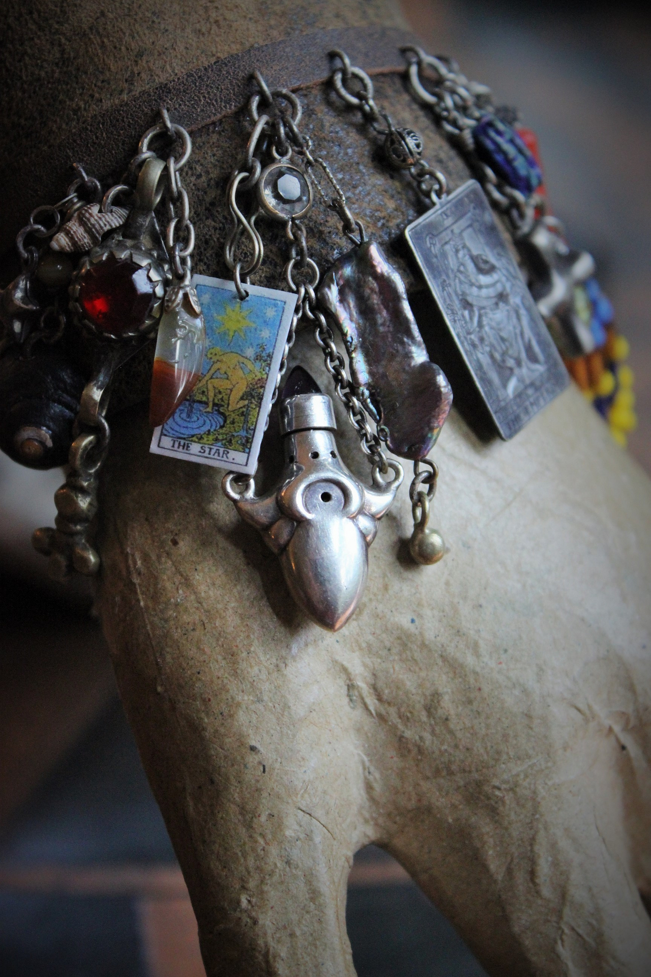 Distressed Leather Gypsy Charm Cuff Bracelet w/Sterling Tarot Medal,Mini Sterling Perfume/Oil Vessel,Antique Sterling Puffy Star & Crescent Moon Drops,Multiple