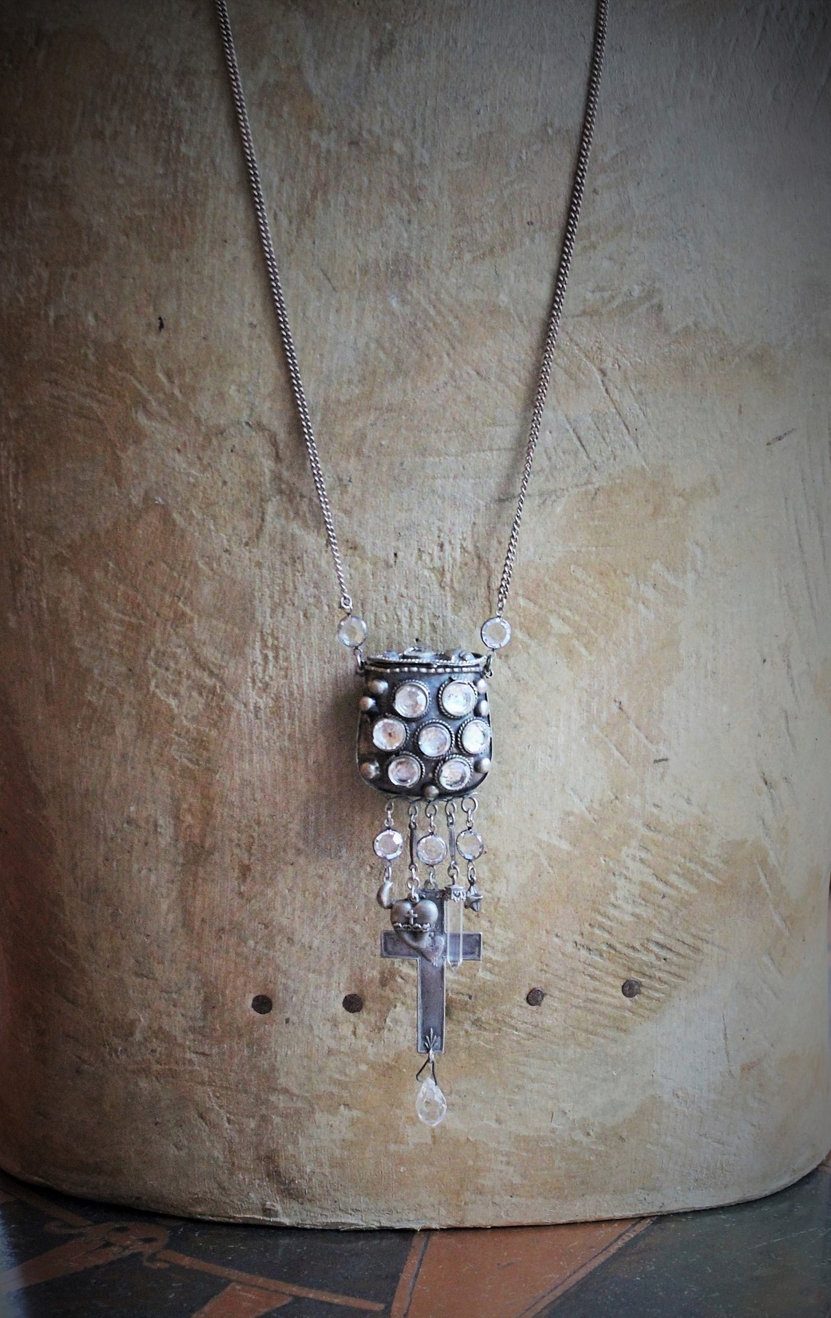 Antique Prayer Box with Inset Faceted Crystals,French Sacred Heart Cross,Antique Sterling Puffy Star and Crescent Moon,Silver Capped Quartz Point,Antique Faceted Rock Crystal Tear Drop