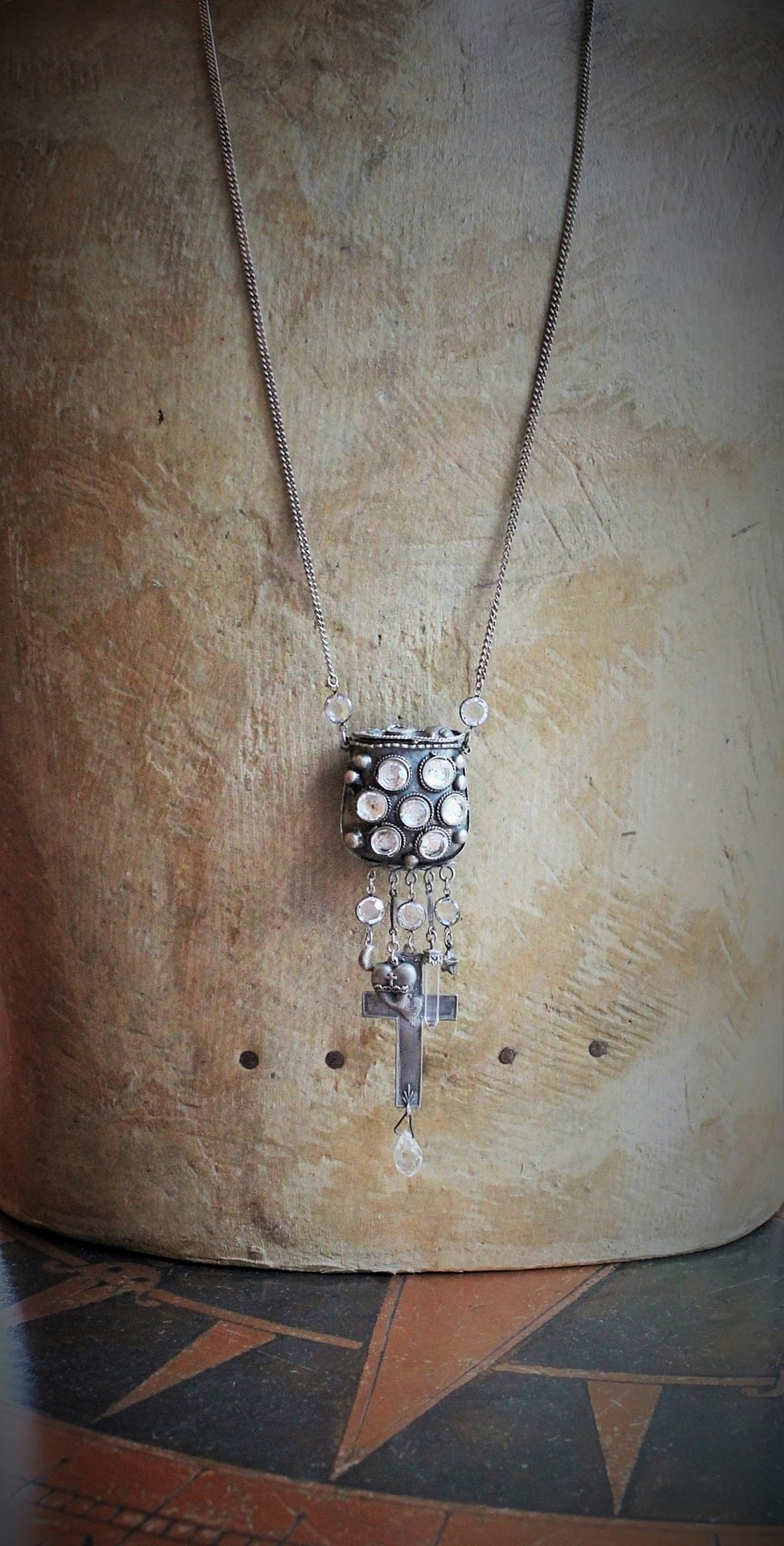 Antique Prayer Box with Inset Faceted Crystals,French Sacred Heart Cross,Antique Sterling Puffy Star and Crescent Moon,Silver Capped Quartz Point,Antique Faceted Rock Crystal Tear Drop