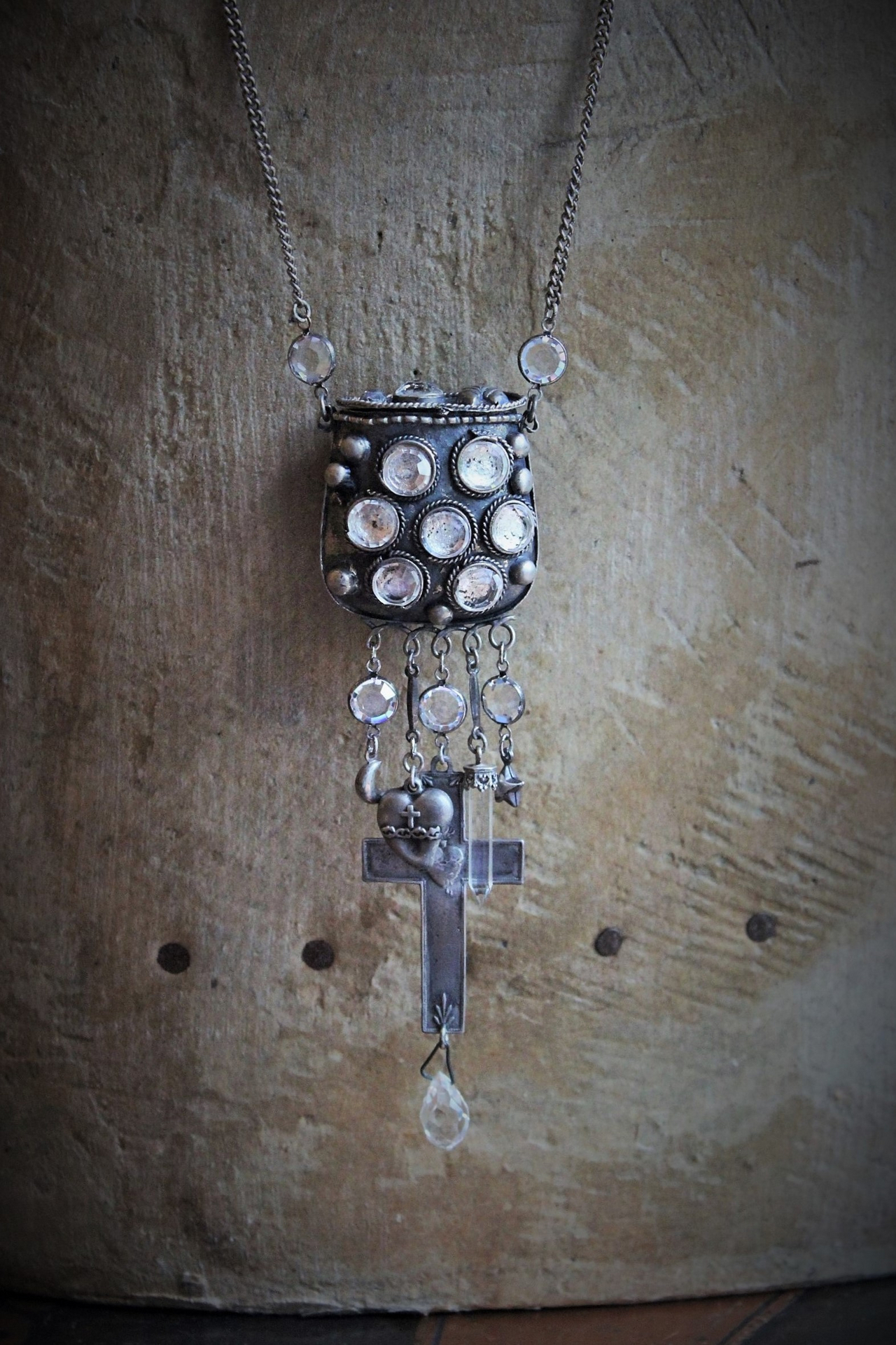 Antique Prayer Box with Inset Faceted Crystals,French Sacred Heart Cross,Antique Sterling Puffy Star and Crescent Moon,Silver Capped Quartz Point,Antique Faceted Rock Crystal Tear Drop