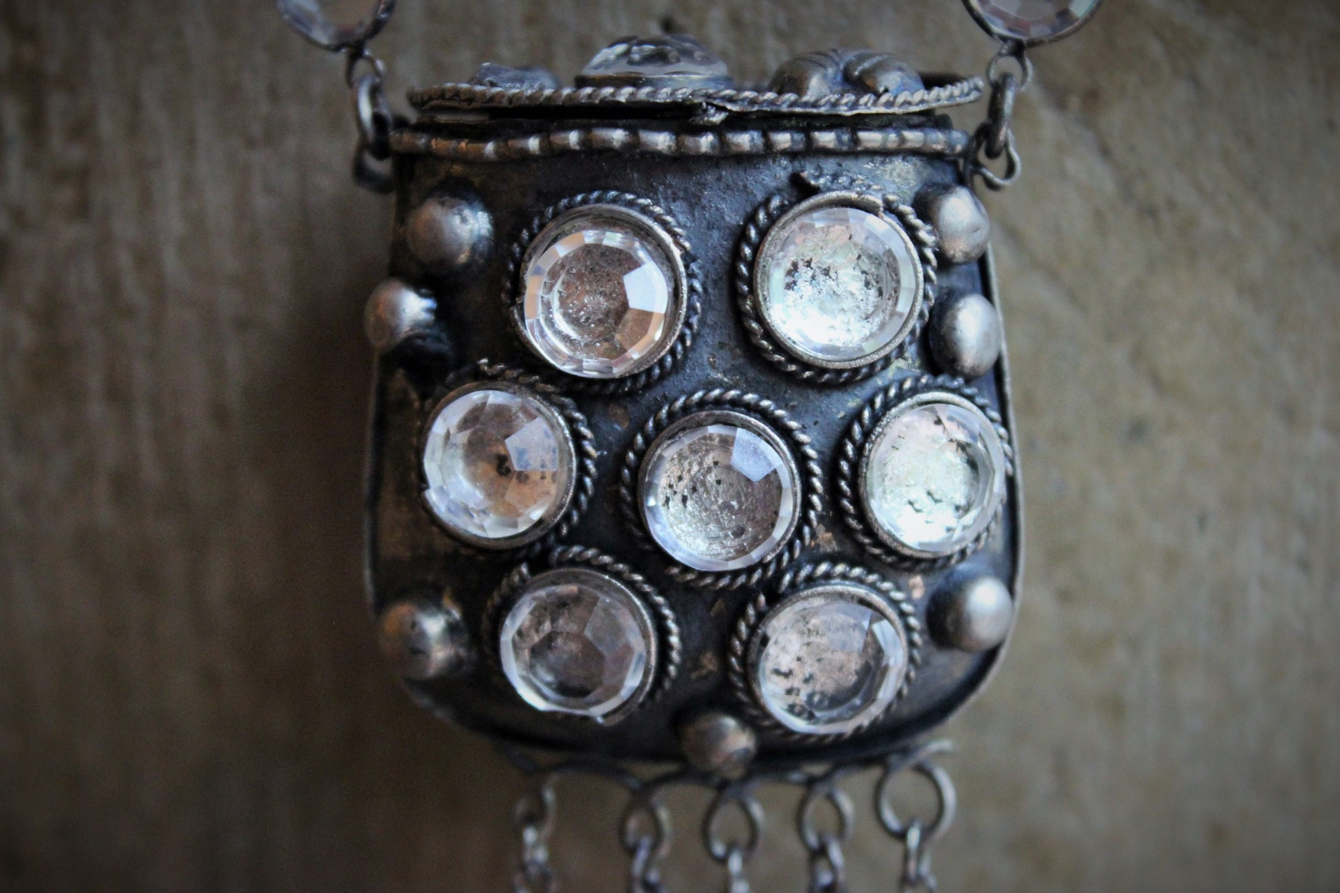 Antique Prayer Box with Inset Faceted Crystals,French Sacred Heart Cross,Antique Sterling Puffy Star and Crescent Moon,Silver Capped Quartz Point,Antique Faceted Rock Crystal Tear Drop