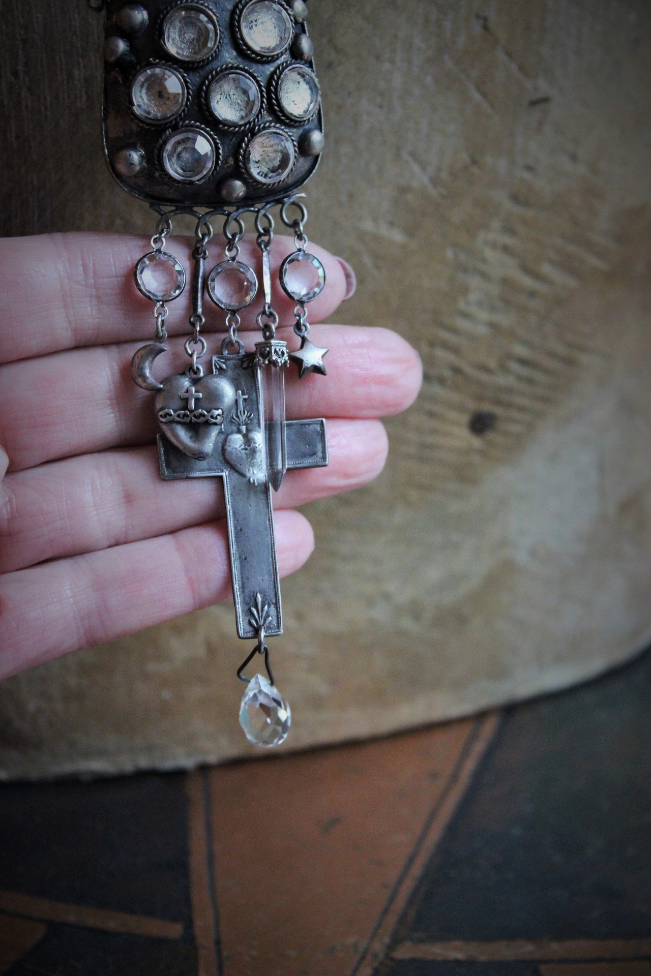 Antique Prayer Box with Inset Faceted Crystals,French Sacred Heart Cross,Antique Sterling Puffy Star and Crescent Moon,Silver Capped Quartz Point,Antique Faceted Rock Crystal Tear Drop