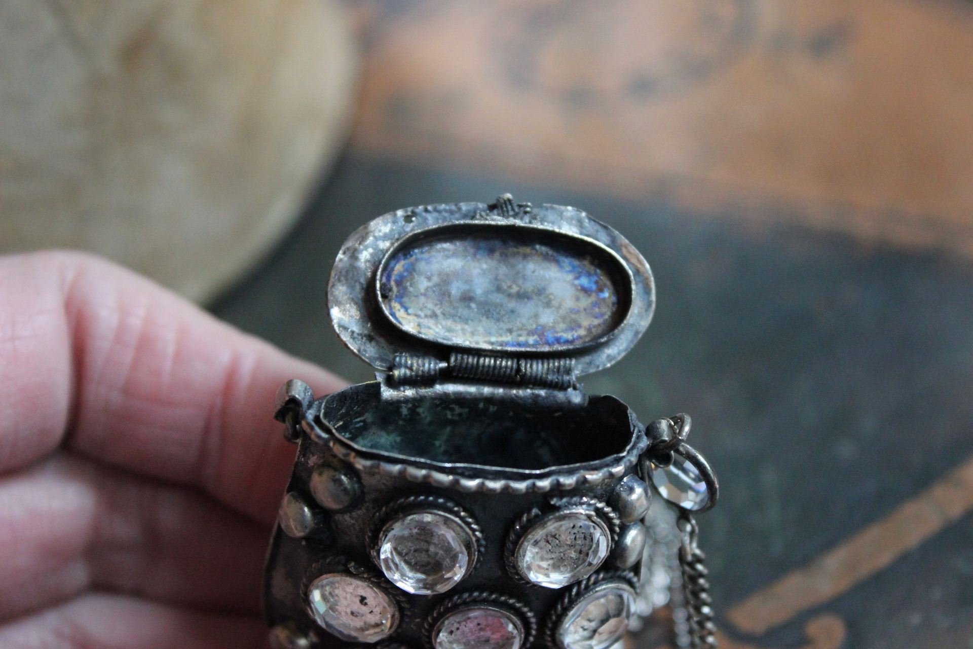 Antique Prayer Box with Inset Faceted Crystals,French Sacred Heart Cross,Antique Sterling Puffy Star and Crescent Moon,Silver Capped Quartz Point,Antique Faceted Rock Crystal Tear Drop